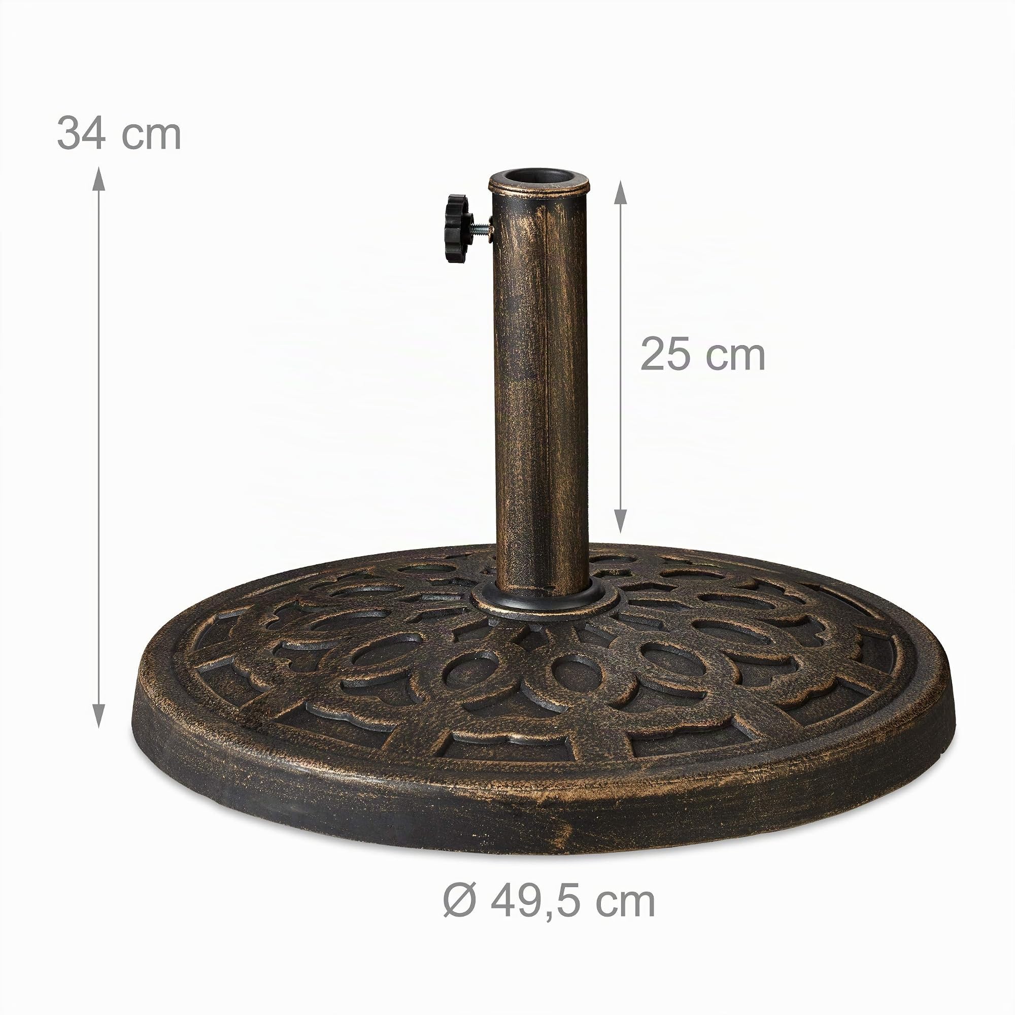 Relaxdays Support à parasol, pour des barres de 38-50 mm, résistant aux intempéries, Ø49,5cm, jardin, aspect fonte, brun