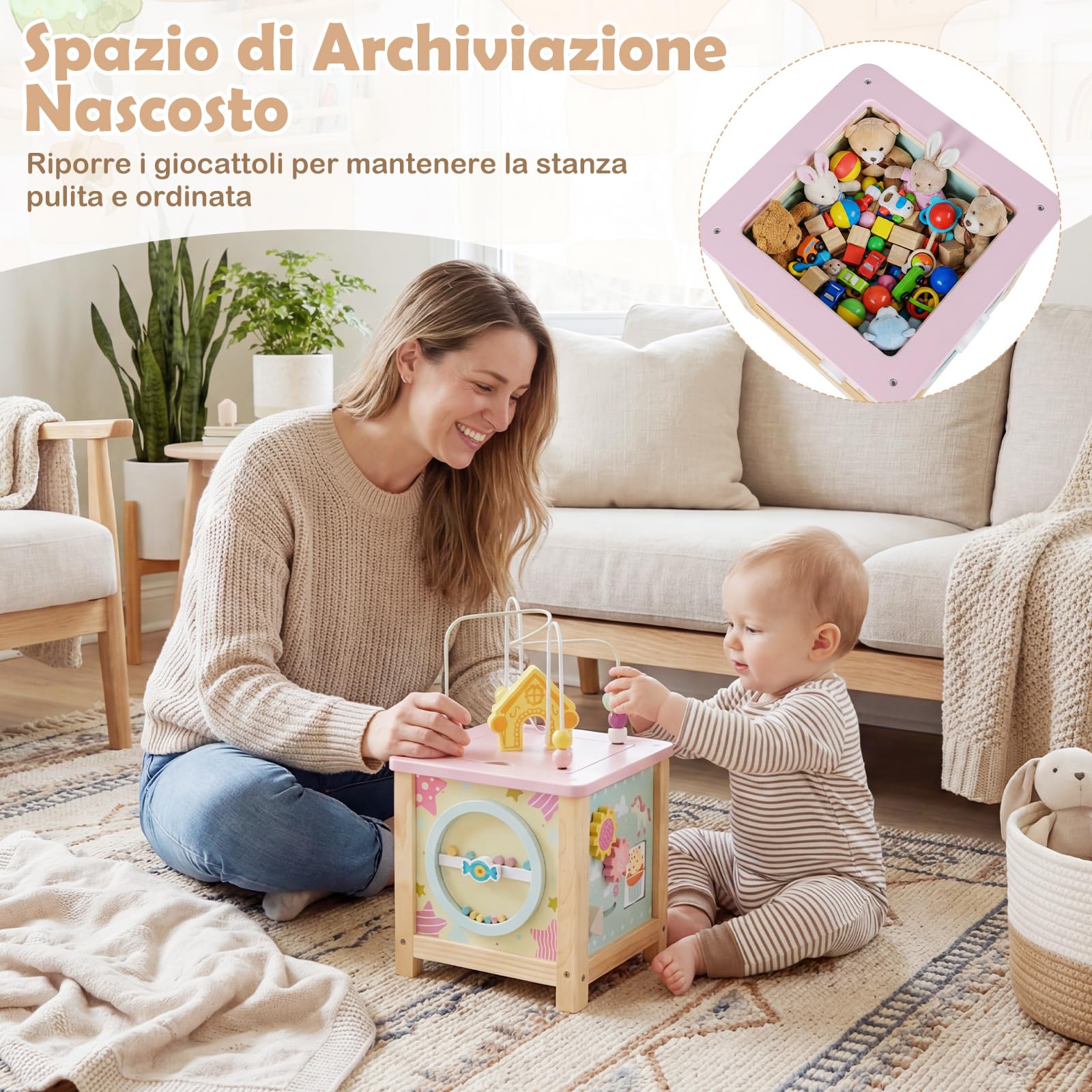 COSTWAY Cubo attività in Legno, Giochi Sensoriali Montessori per Bambini da 18+ Mesi, Giochi Educativi per Lo Sviluppo del Bambino, Giocattolo di Apprendimento per Compleanno e Natale