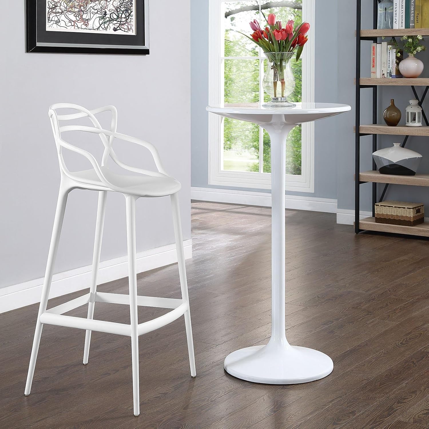 Pemberly Row 30.5" Contemporary Plastic Bar Stool, White Finish, Molded Plastic, Non-Marking Foot Caps, Modern Design for Indoor Dining Room or Kitchen Use
