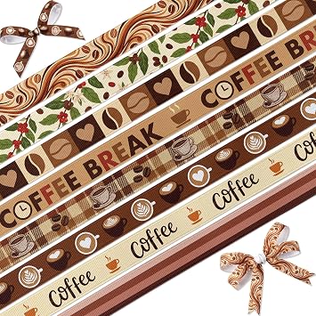 Coffee Ribbon 8 Pack 24 Yards, 3/8 Inch Thin Brown Grosgrain Ribbons for Hair Bows Gift Wrapping Wreath Craft, Coffee Themed Party Decorations