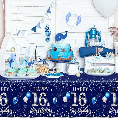Miniatura 14 de GREHUMOR Mantel de feliz cumpleaños de 3 piezas, color azul plateado, suministros para fiesta de cumpleaños 30, funda de mesa desechable de plástico