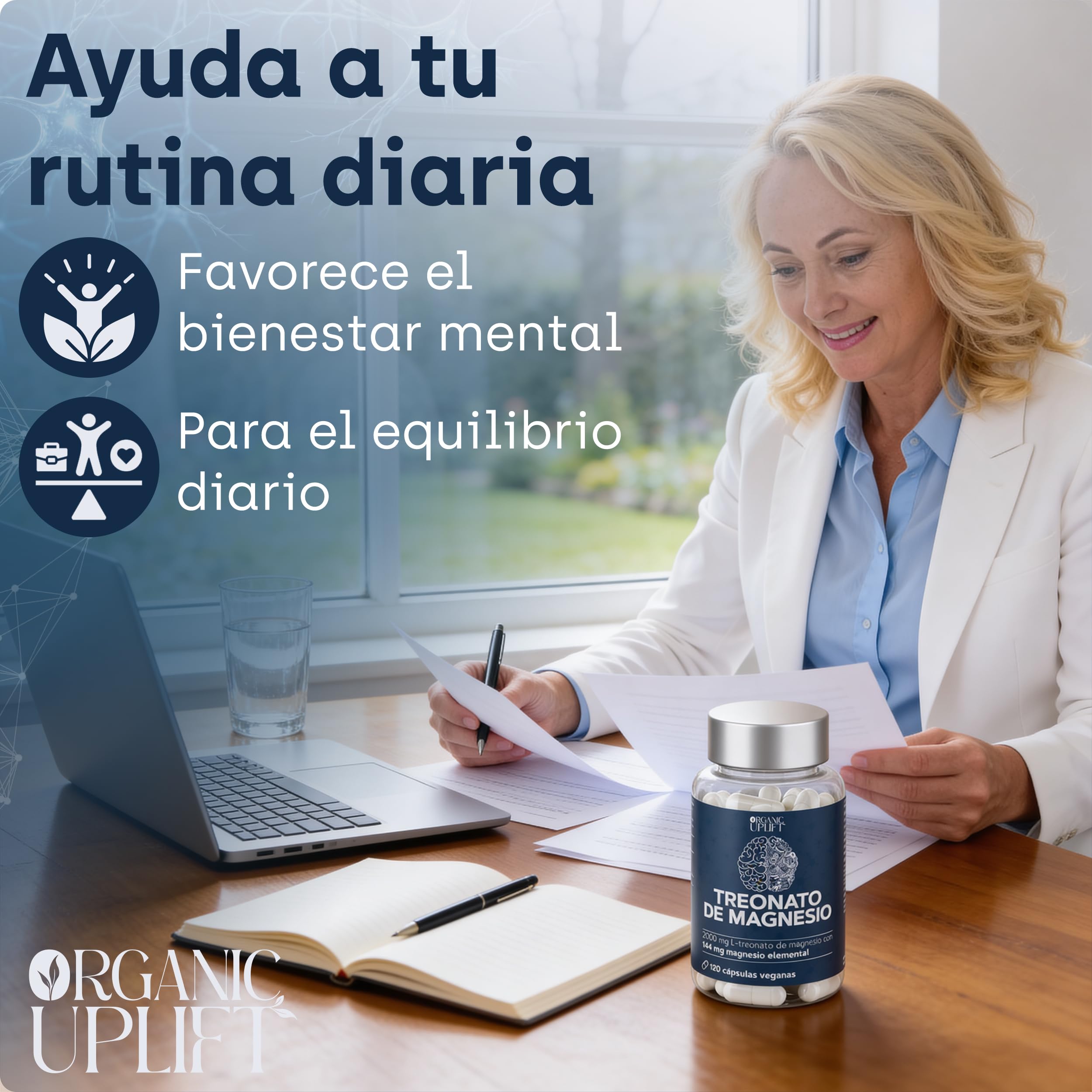L-treonato de magnesio, alta dosis de 2000 mg de magnesio puro, buena absorción, favorece la memoria, la concentración y el sueño profundo, 120 cápsulas