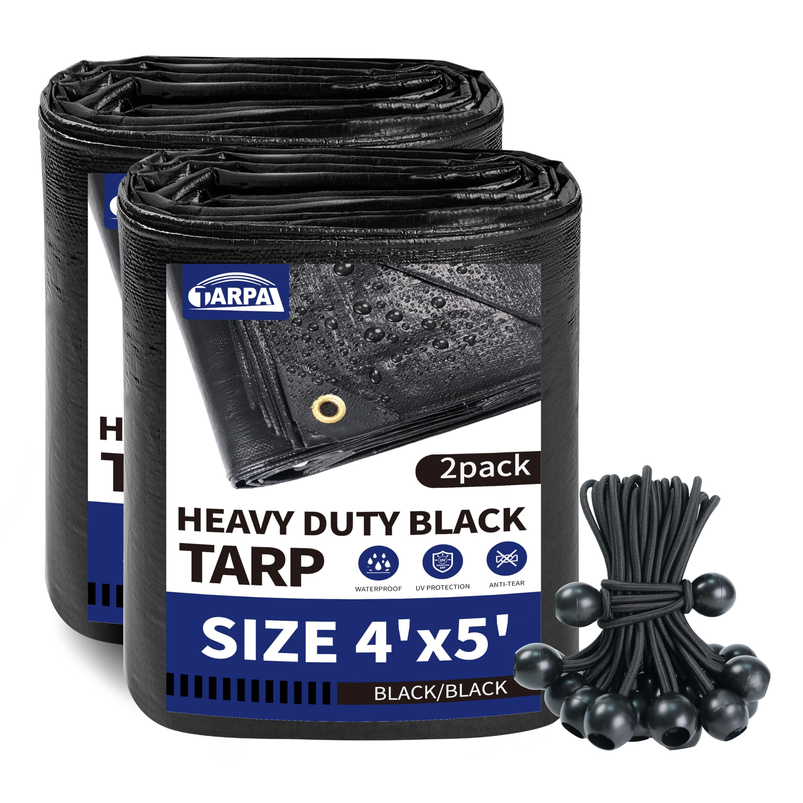 TARPAL Waterproof tarp 4x5（2Pack） Black Heavy Duty tarp 14mil polyethylene tarps with Ball Bungee Cord (25 Pack) ，Sunscreen,UV Resistant,Outdoor Furniture, awnings,Roofs,Tents tarp Cover.