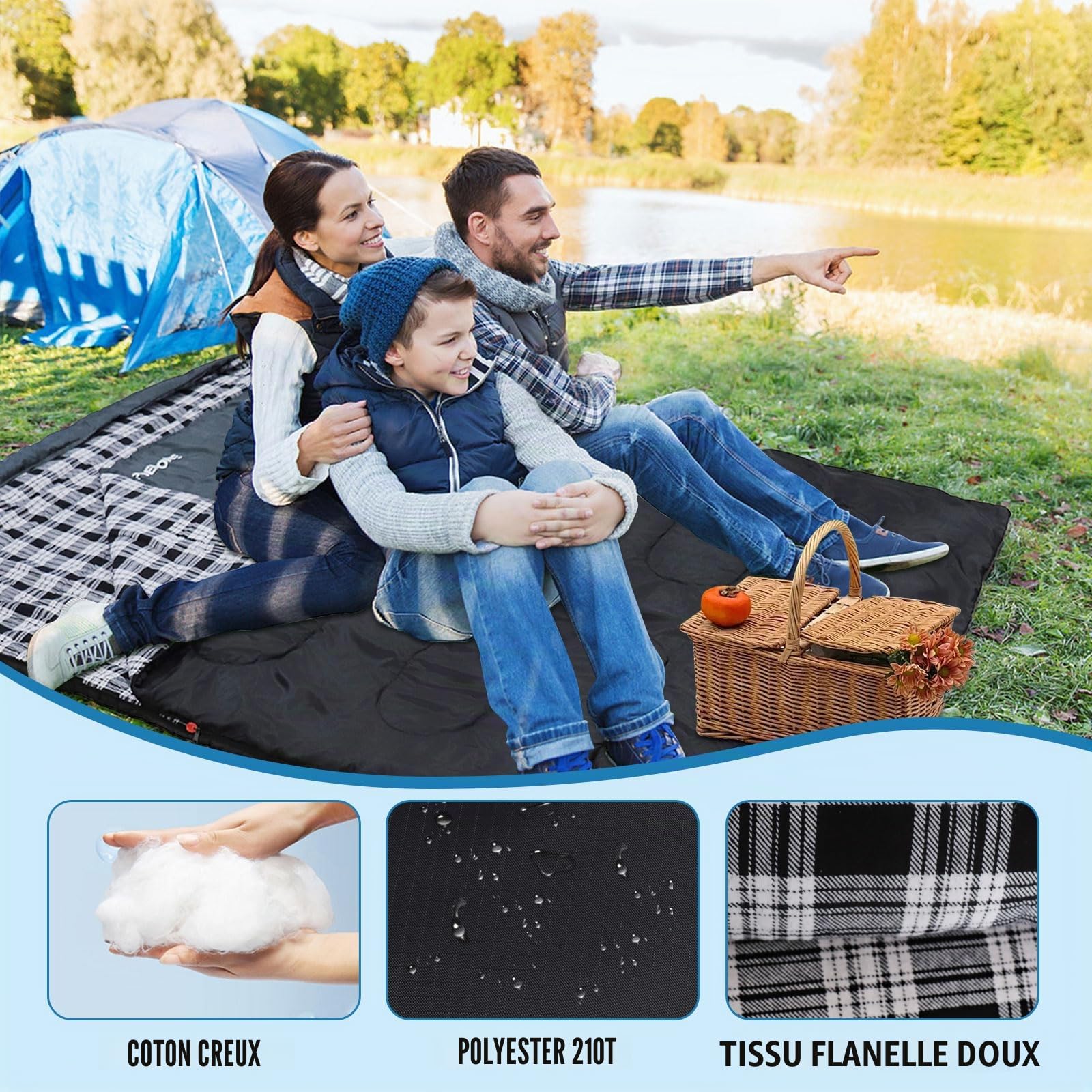 Sac de Couchage Double en Flanelle pour Adulte Sac de Couchage 2 Personnes Hiver avec 2 Oreillers pour Camping Randonnée Voyage Extérieur Intérieur Maison 233 * 157CM