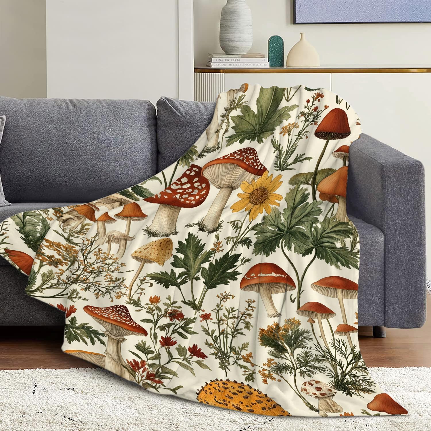 Vintage Mushroom Throw Blanket Botanical Plant and Floral Fungi Print Soft Cozy Flannel Blanket for Couch Bed Sofa Chair Decorative Boho Cottagecore Blanket 60"x80"