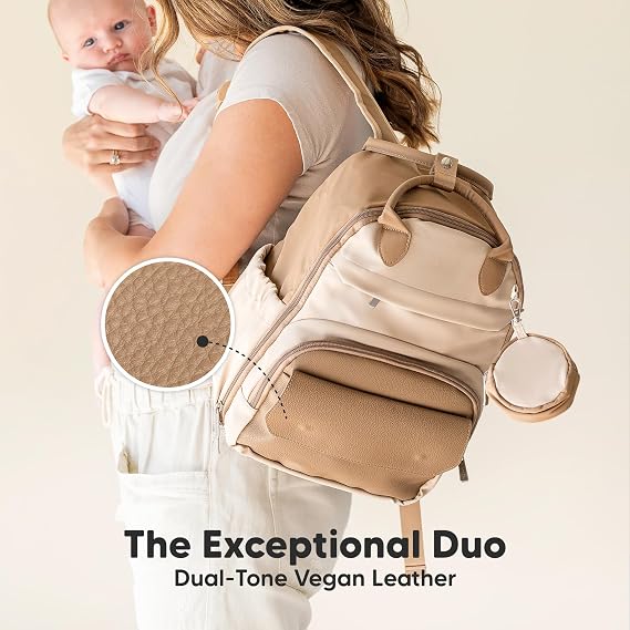 KeaBabies Diaper Bag Backpack - Small Multifunctional Travel Diaper Back Packs, Maternity Baby Changing Bags, 12L Capacity, PU Leather, Waterproof, Unisex, Nappy Changing Pad (Latte, Small)