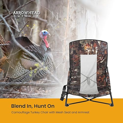 Miniatura 4 de ARROWHEAD OUTDOOR Silla ciega plegable portátil de caza de pavos con reposabrazos acolchado, pies sin hundimiento y correa para el hombro,