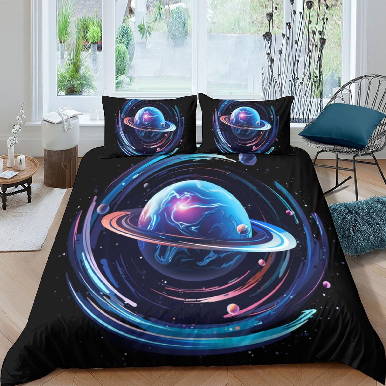 Ctjqhvkz Style-2 3D Printed Saturn Planet Fitted Sheet Microfiber Soft Black Cosmic Nebula Mattress Cover For Bedroom Dorm Decor Single（135X200cm）
