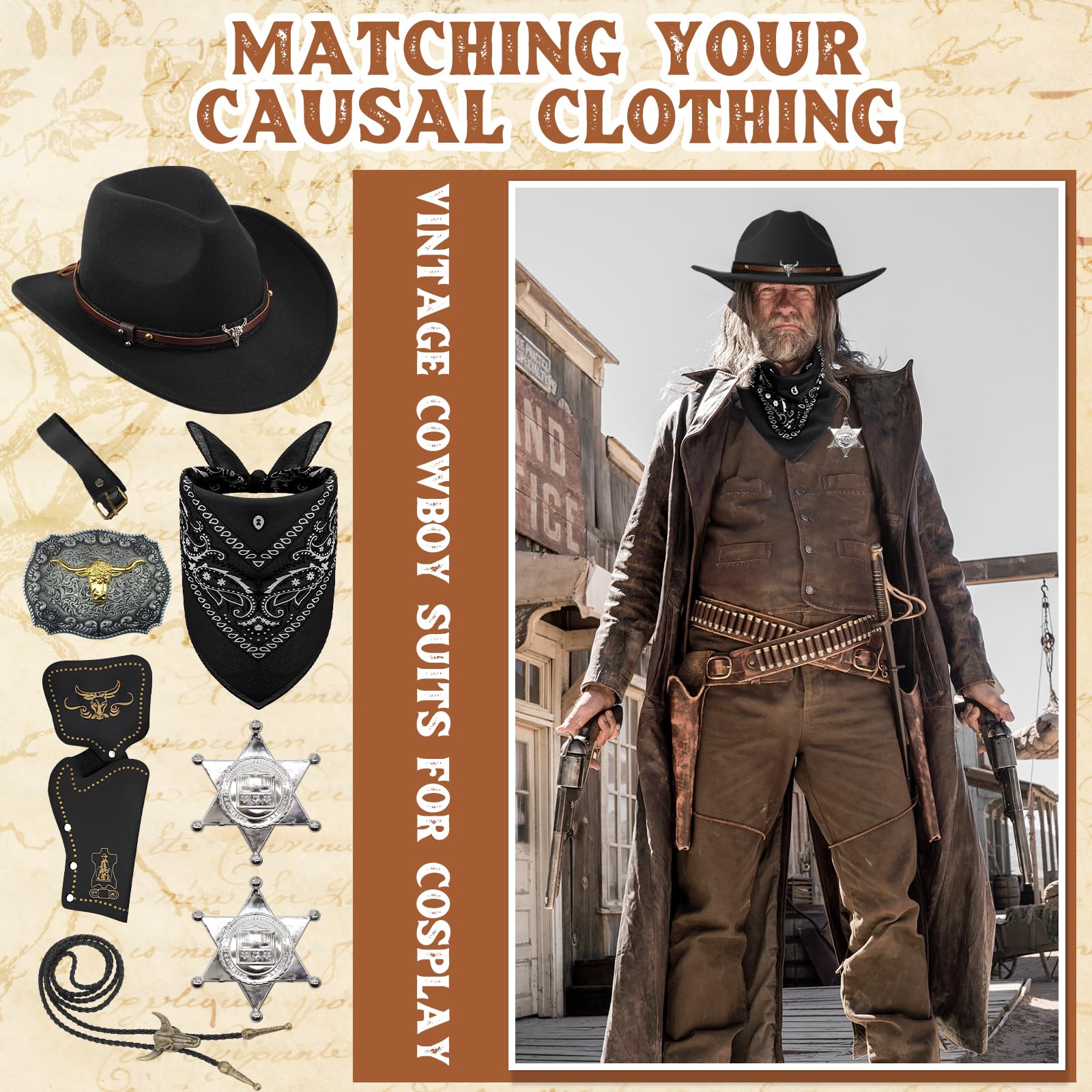 8 Stück Cowboy Kostüm Zubehör Set, Deluxe Western Cowboy Outfit Kit mit Brauner Hut Paisley Bandana Holster Gürtel Boloschnalle Krawatte Halskette Sheriff Abzeichen für Herren Cosplay Party