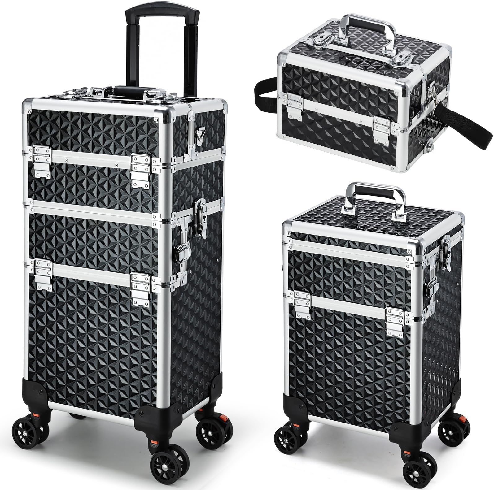 Professional Rolling Makeup Case, 3 in 1 Makeup Train Case, Cosmetology Case on Wheels, Large Makeup Trolley Salon Barber Traveling Trunk Suitcase for Makeup School Nail Tech Hairstylist MUA, Black