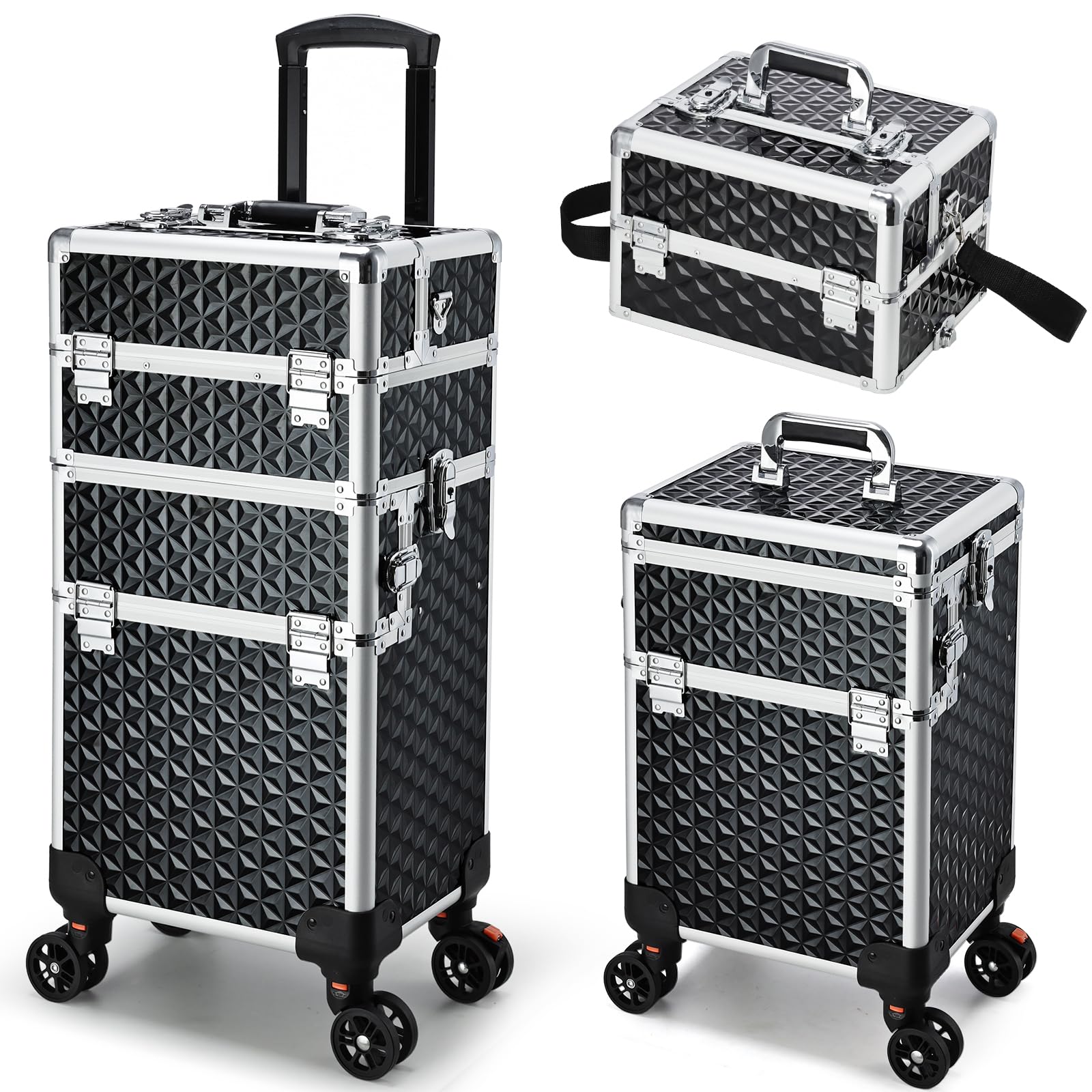 Professional Rolling Makeup Case, 3 in 1 Makeup Train Case, Cosmetology Case on Wheels, Large Makeup Trolley Salon Barber Traveling Trunk Suitcase for Makeup School Nail Tech Hairstylist MUA, Black