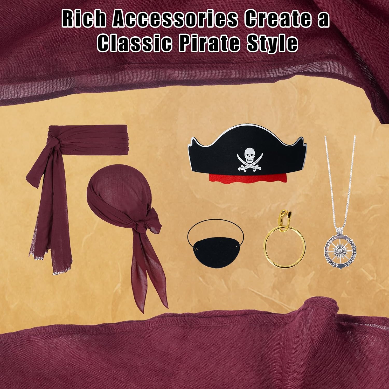 Mens Pirate Costume Adult Medieval Shirt Viking Ankle Banded Pants with Compass Necklace 5 Pcs Pirate Accessories Set