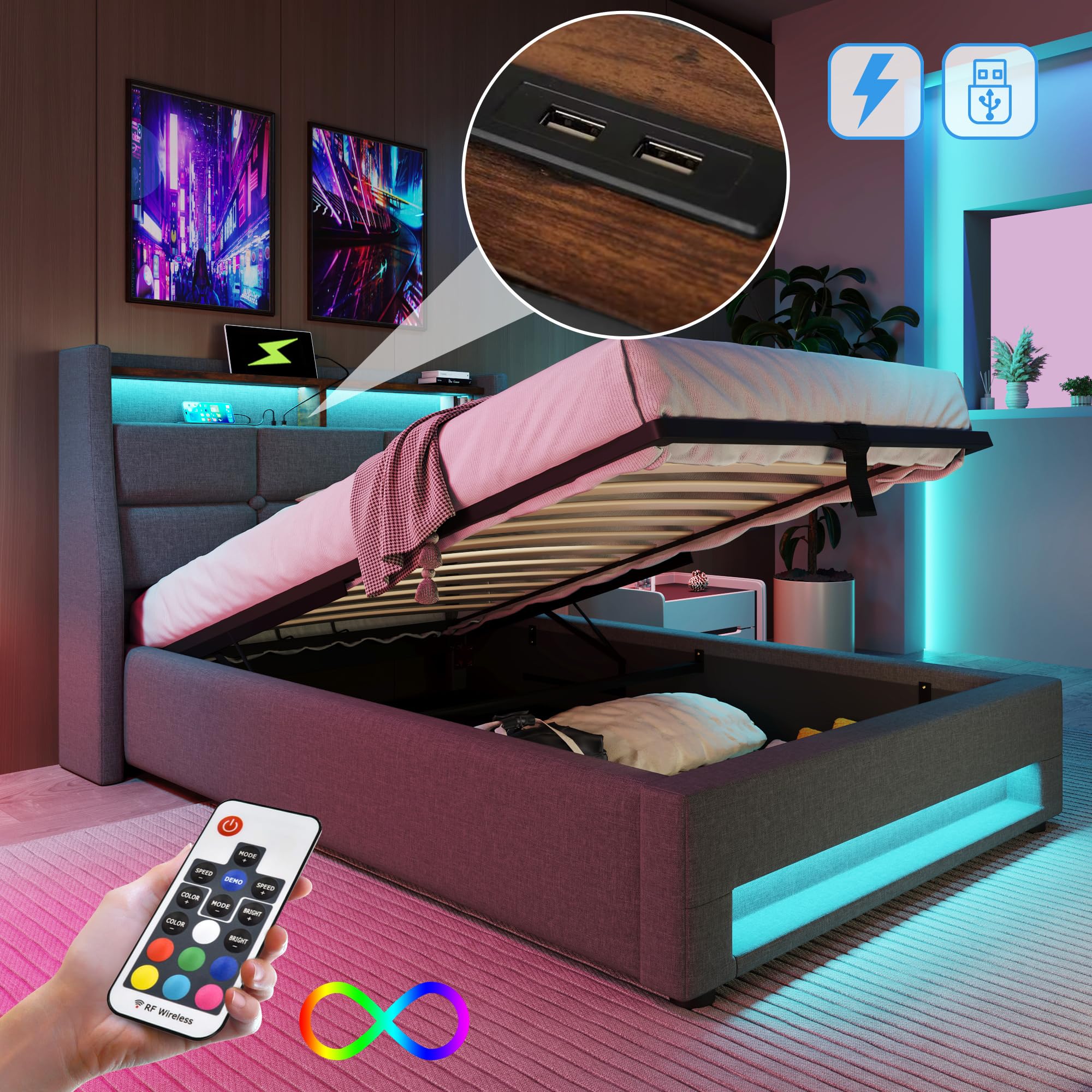 Letto imbottito 90 x 200 cm, letto singolo con vano portaoggetti e rete a doghe, testiera LED con funzione di ricarica USB, letto funzionale, schienale in lino (grigio, 90 x 200 cm)