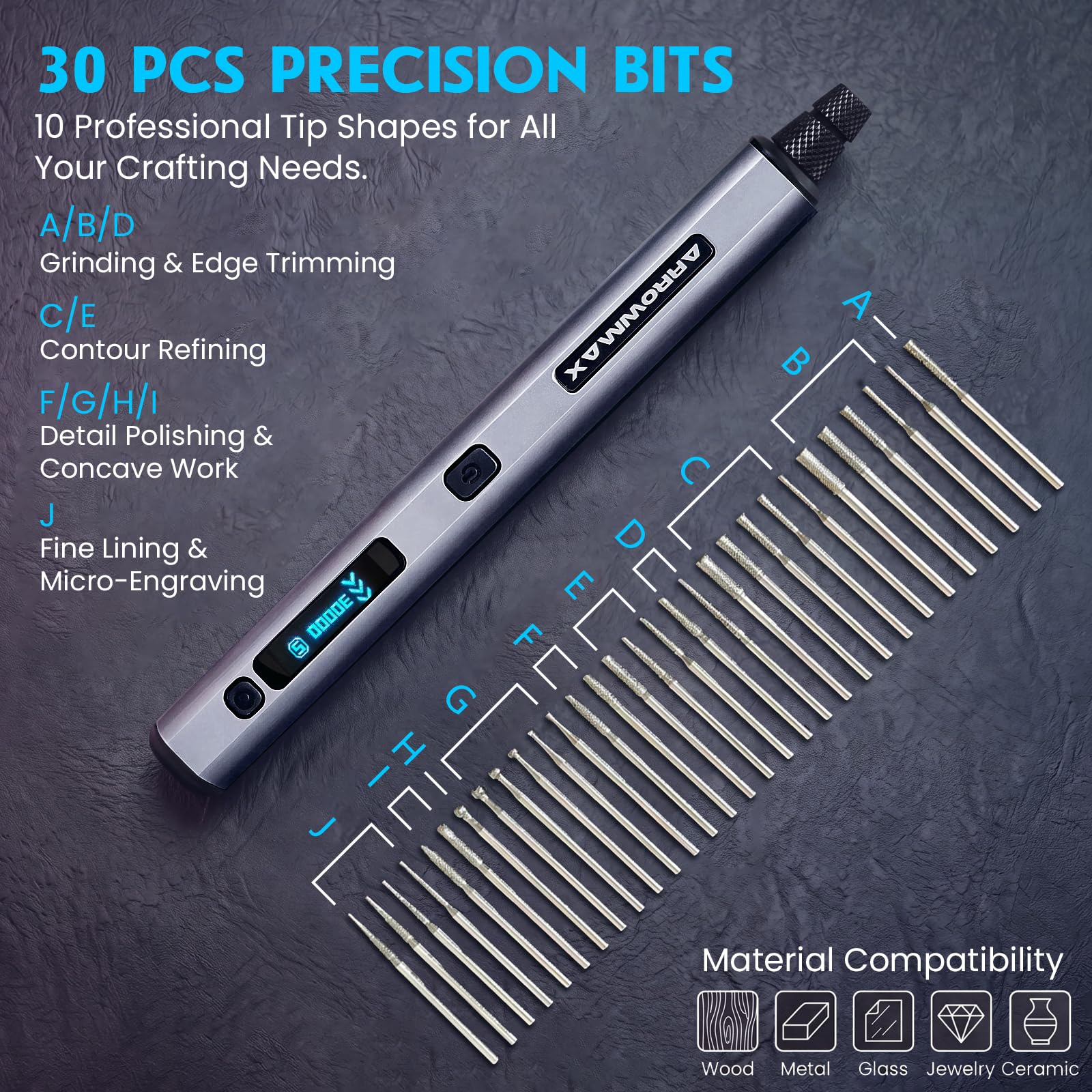 ARROWMAX Mini utensili multifunzione a 5 marce, con OLED, 30000 giri/min | Penna per incisione con 30 punte per metallo, legno, vetro, plastica, set per incisione, regalo fai da te per adolescenti