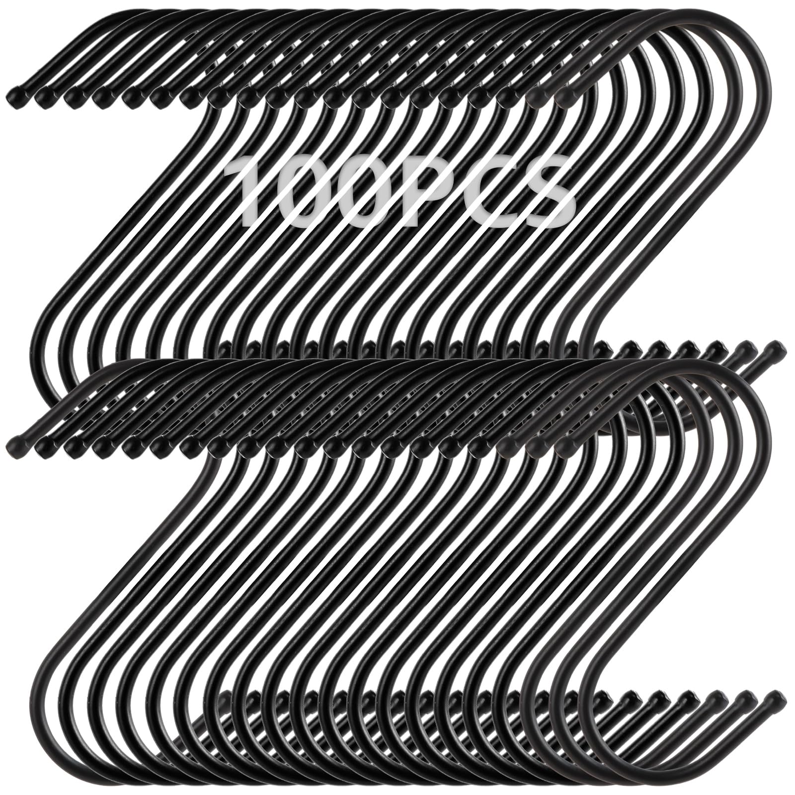 100 Crochets en S Noirs, Crochet S Métal Hanging pour Cuisine, Crochets d'Accrochage 9cm avec Bouts Sécurisés, Porte jusqu'à 5kg pour Placard, Salon, Salle de Bain