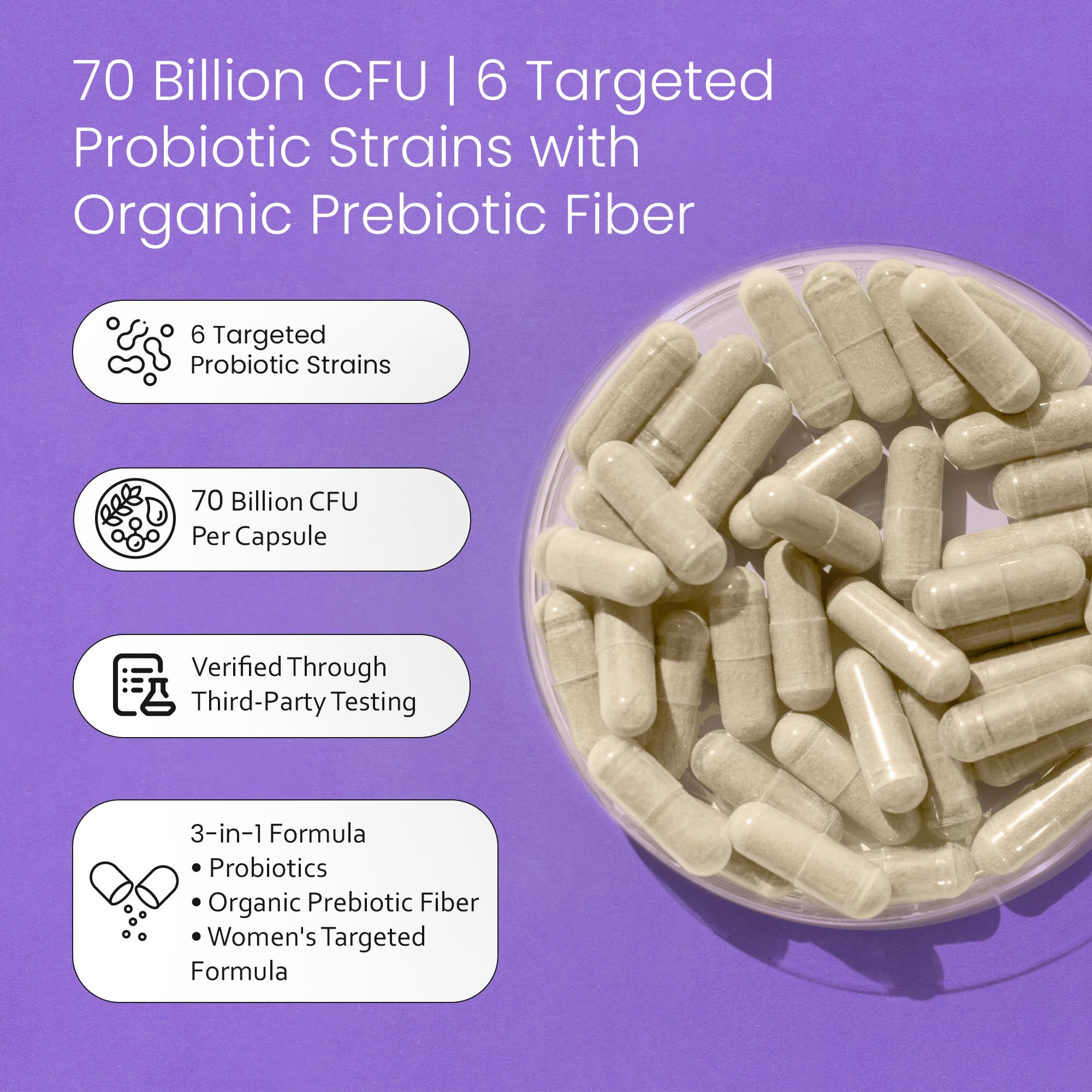 NaturaLife Labs Women's Probiotic 70 Billion CFU with Prebiotic Fiber - 3-in-1 - Supports PH Balance & Digestive Health - 6 Targeted Strains - Delayed Release - Shelf Stable - 30 Capsules — Amazon image 3