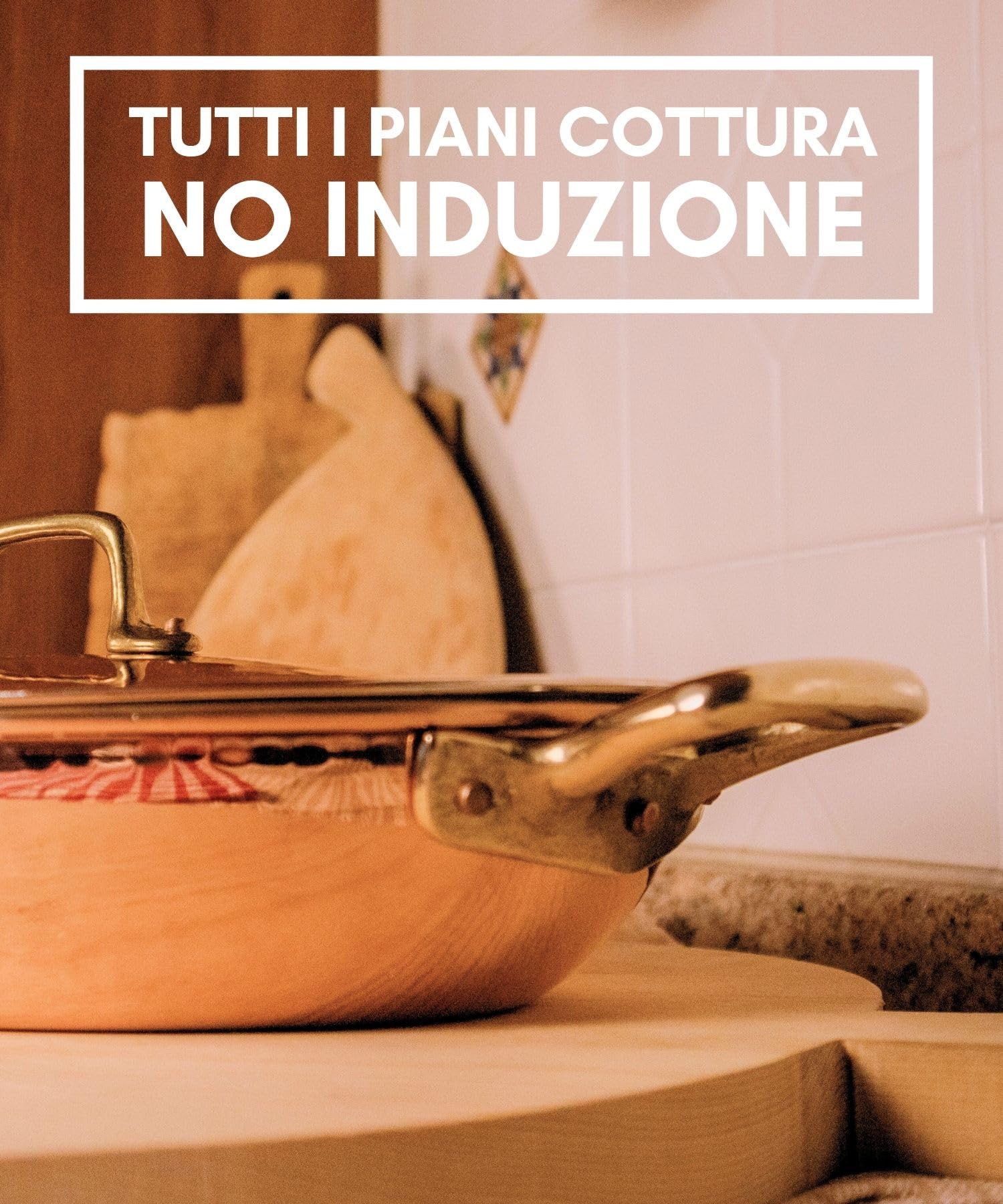 CREARTISTIC Tegame basso in rame puro stagnato Con Coperchio - 31x22 cm h 6 cm x 2,5 L, Con 2 maniglie in ottone da 4 cm, Pentolino per servire - Produzione Artigianale - Made in Italy