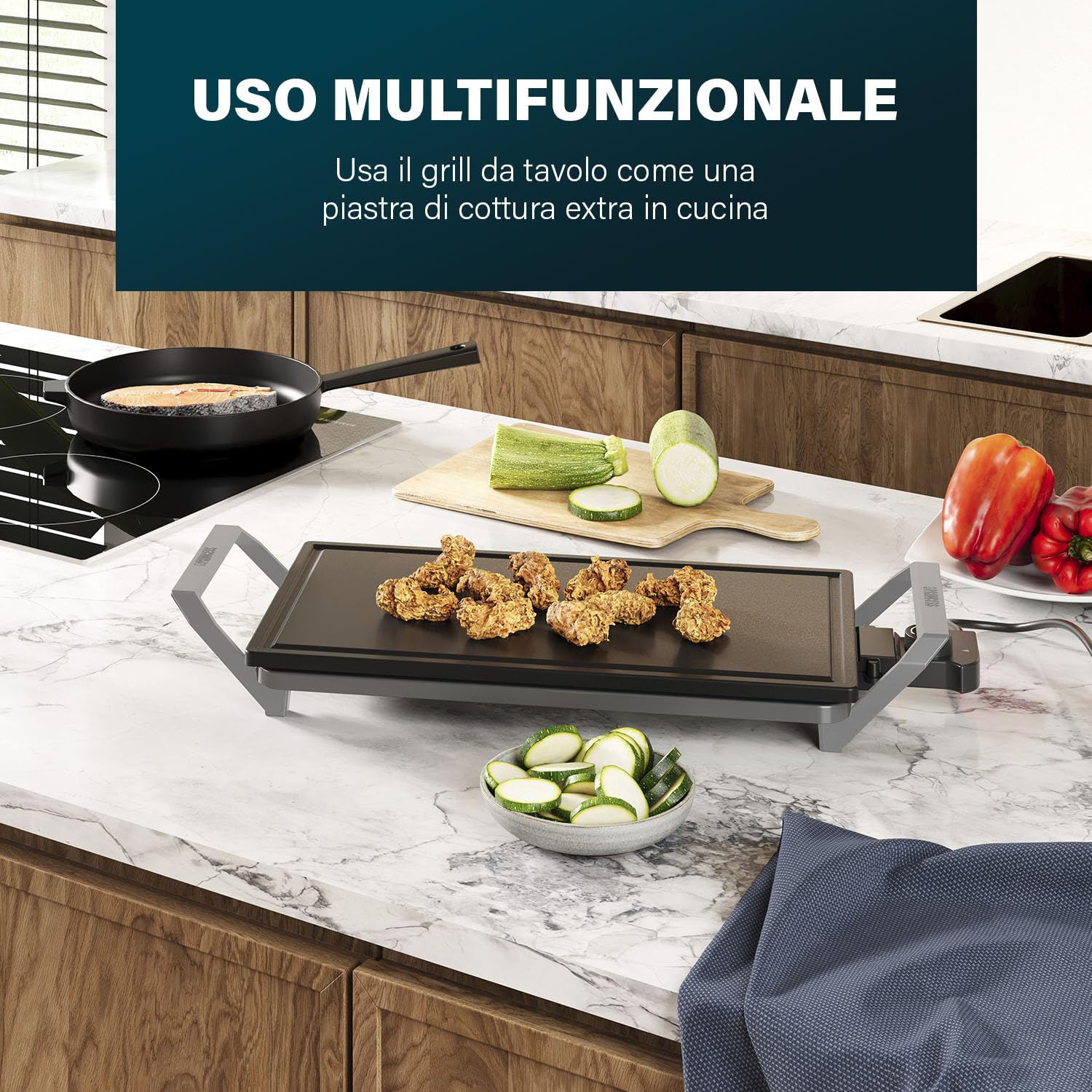 Princess Table Chef Premium Griglia di pietra – Superficie di cottura extra grande 46 x 26 cm – Piastra grill in ceramica – Senza PFAS – Termostato regolabile – Incl. 4 spatole in legno – 103150