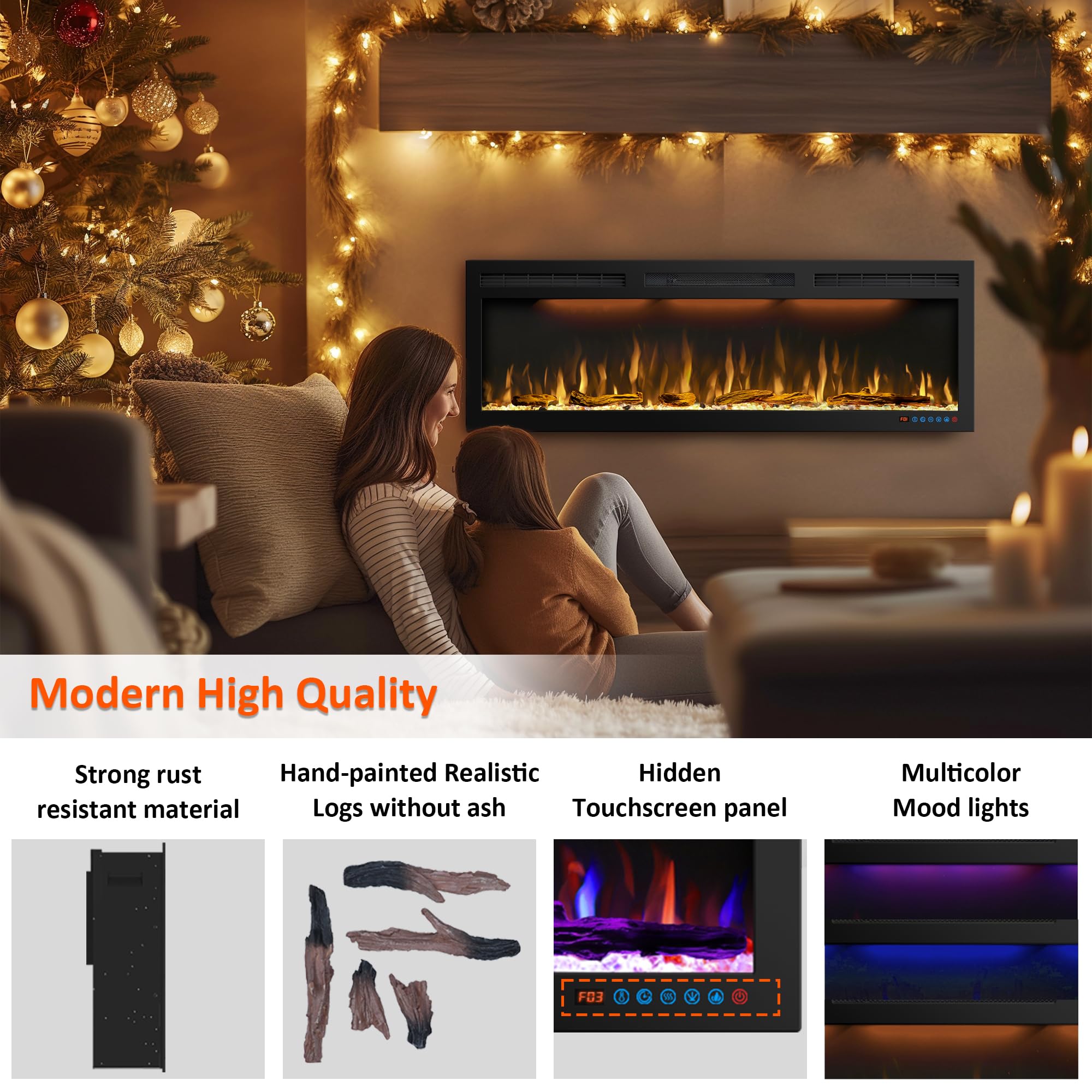 88 inches Electric Fireplace, Recessed and Wall Mounted Fireplace Heater and Linear Fireplace Inserts, with Timer, Remote Control, Adjustable Flame & Light Colors, 750W/1500W, Black