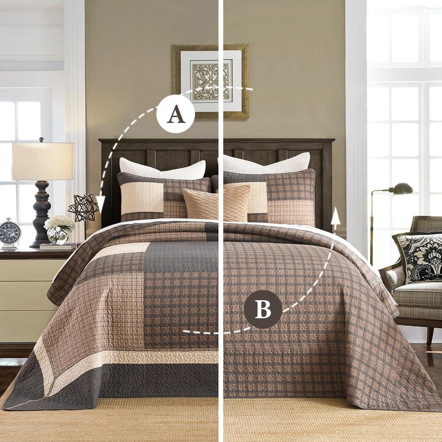 Finlonte 100% Cotton Oversized Queen Bedspread, 102x120 Extra Large Quilt Set, Farmhouse Plaid Quilted Comforter, Lightweight Soft Quilt Bedding Set, 3 Piece, Brown/Beige/Gray