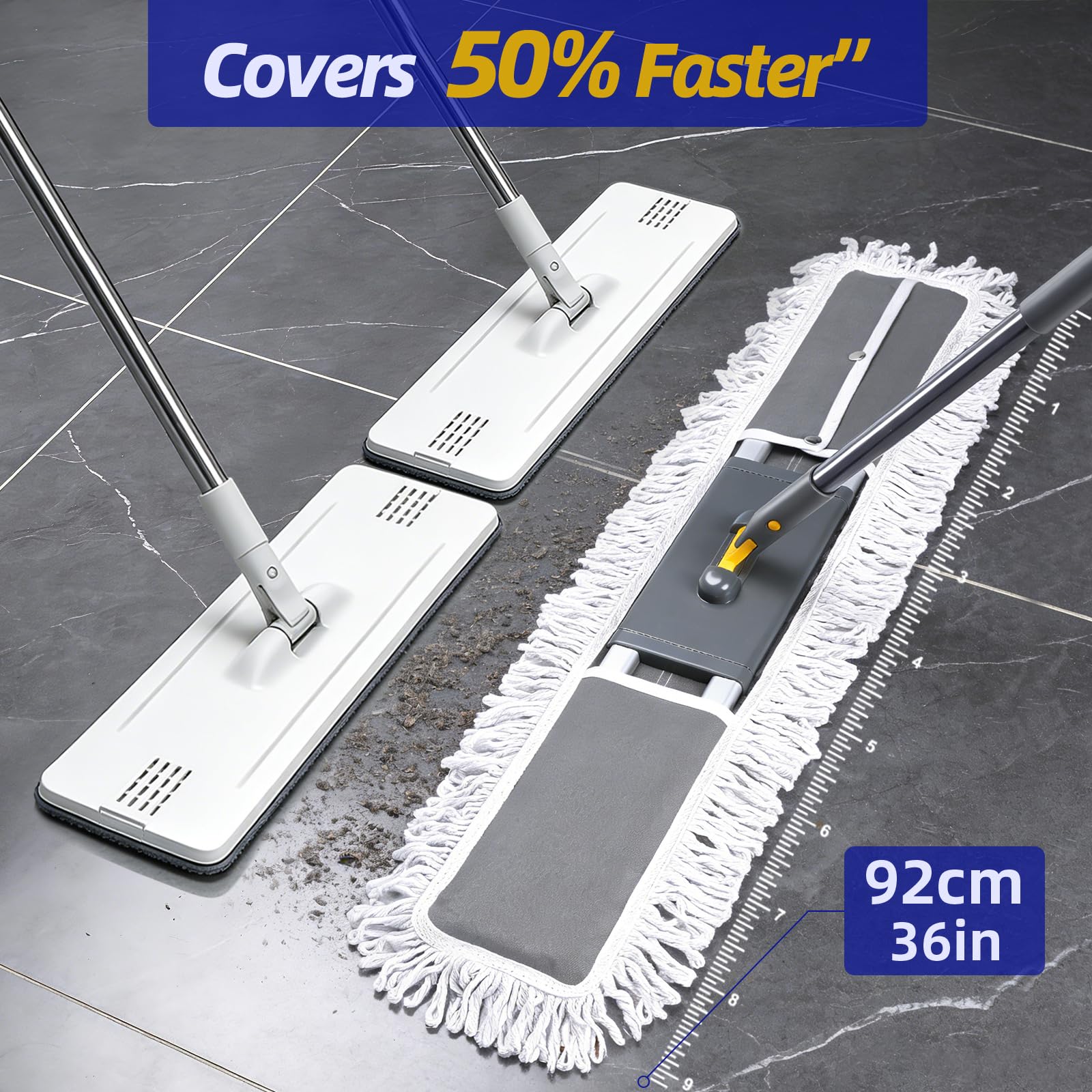 Masthome Trapeador de Polvo Comercial de 32 Pulgadas, trapeador Plano Ajustable de 60 Pulgadas con Mango Largo, trapeador Industrial con 1 algodón y 2 Almohadillas de Microfibra para Limpieza de