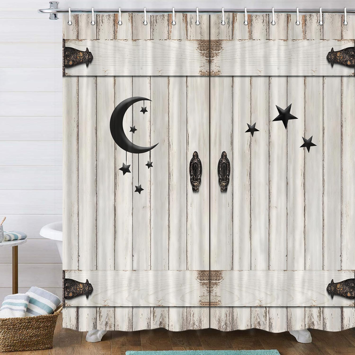 JAWO Country Barn Door Shower Curtain, Rustic Wooden White Wood Islam Crescent Moon and Star Shower Curtain Set, Modern Farmhouse Bathroon Shower Curtain, Fabric Shower Curtain, Hooks Included,