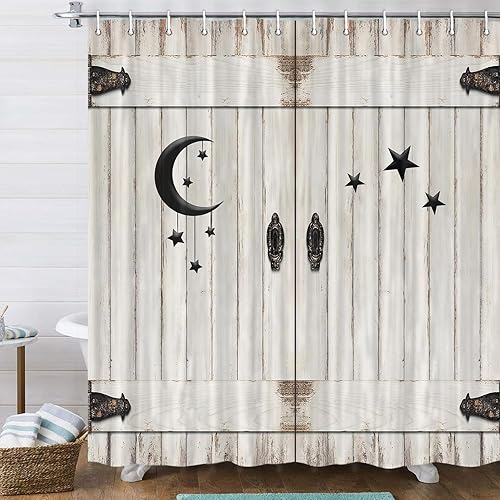 Miniatura 2 de JAWO Cortina de ducha con puerta de granero, de madera rústica, de madera blanca, Islam, luna creciente y estrella, cortina de ducha moderna de