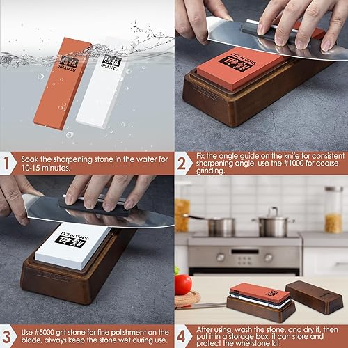 Miniatura 3 de SHAN ZU Afilador de cuchillos, 2 piezas de grano de piedra de afilar 10005000 con caja de almacenamiento, base de silicona antideslizante, guía de