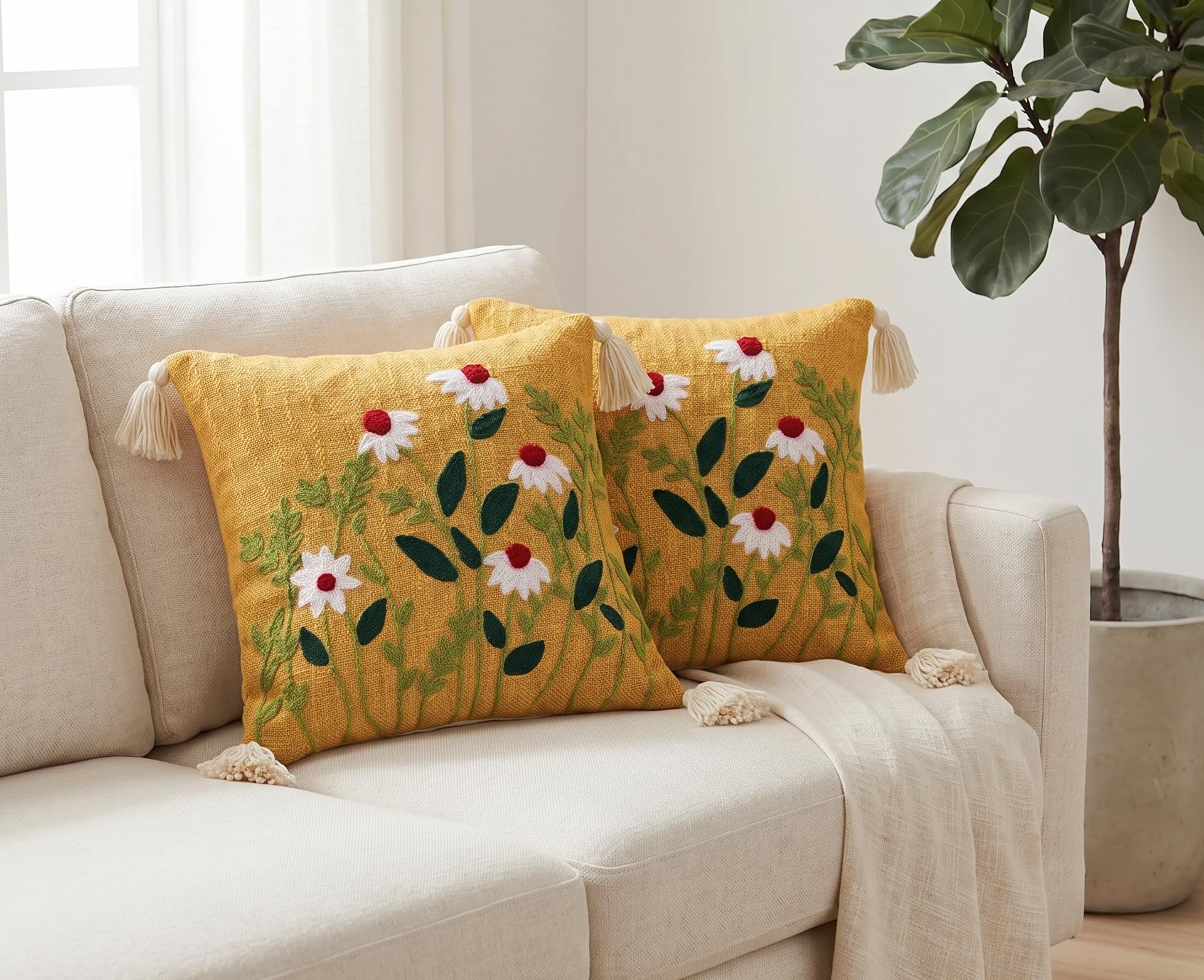 Furnistitchs Handmade Boho Cushion Cover 16x16 Inches Embroidered Slub Cotton Pillow Case with Tassels Decorative Bohemian Throw Cushion for Sofa & Bedroom, 40x40 cm (2, Yellow Floral Cuts)-picture-23