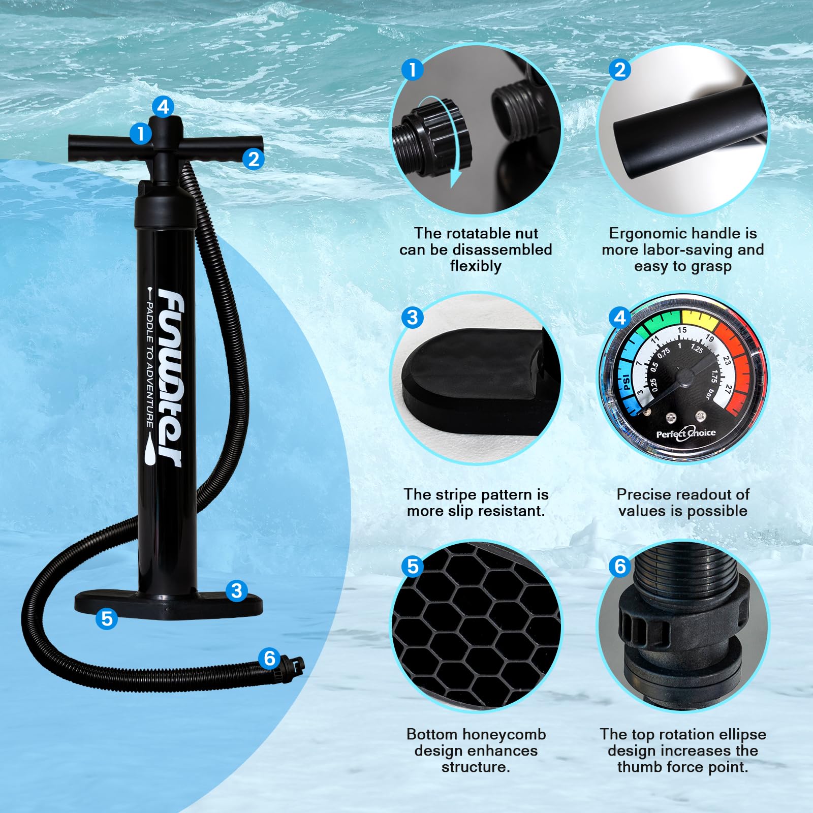 FunWater SUP gonflable ultra léger (8 kg) pour tous les niveaux de compétence, tout inclus avec planche à pagaie, pagaies flottantes Adj, pompe, sac à dos de voyage ISUP, laisse, sac à dos étanche 3 m