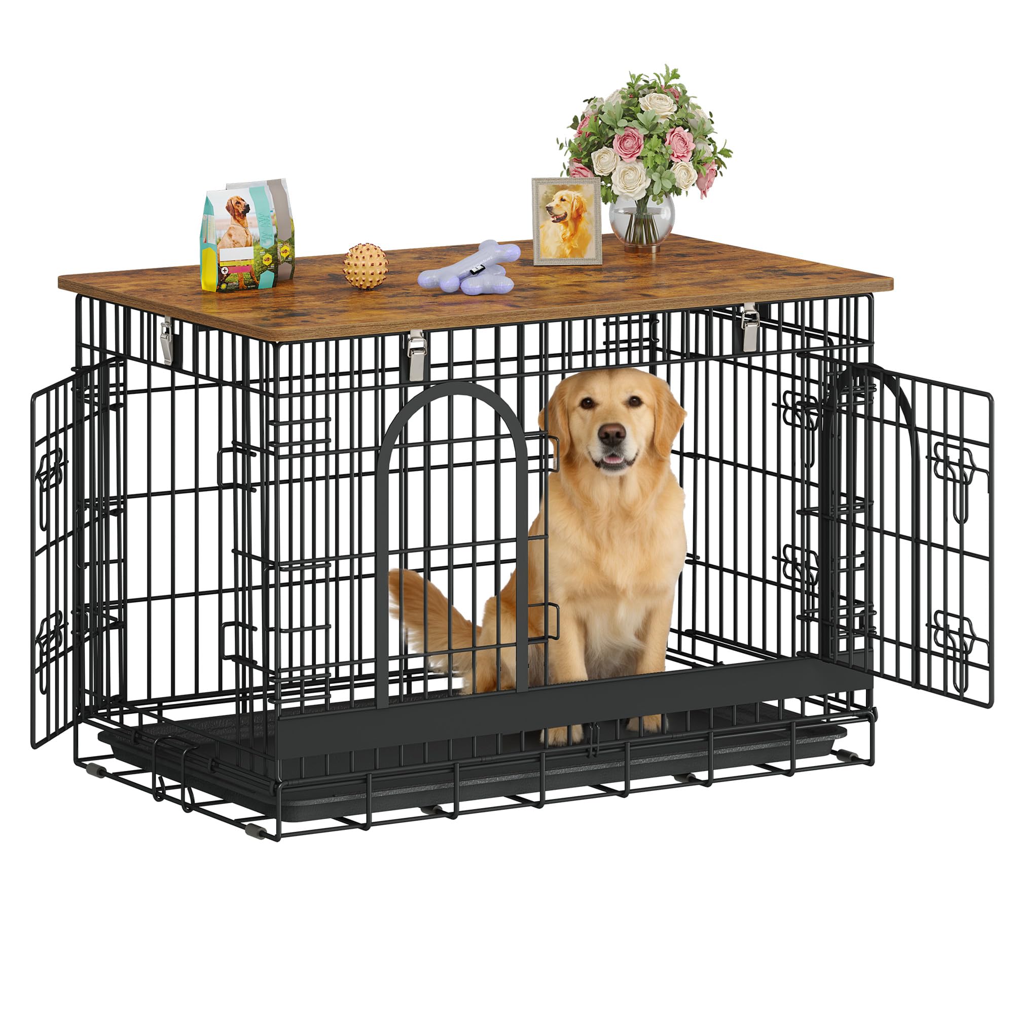 Hzuaneri Cage pour Chien, 94 cm Meuble Cage Chien en Fil, Noir Marron | Cage Épaissie Usage Intérieur/Extérieur, Pliable avec plateau, Taille L pour Chiens Petits/Moyens, 94 × 60 × 64 cm, DFC98501B