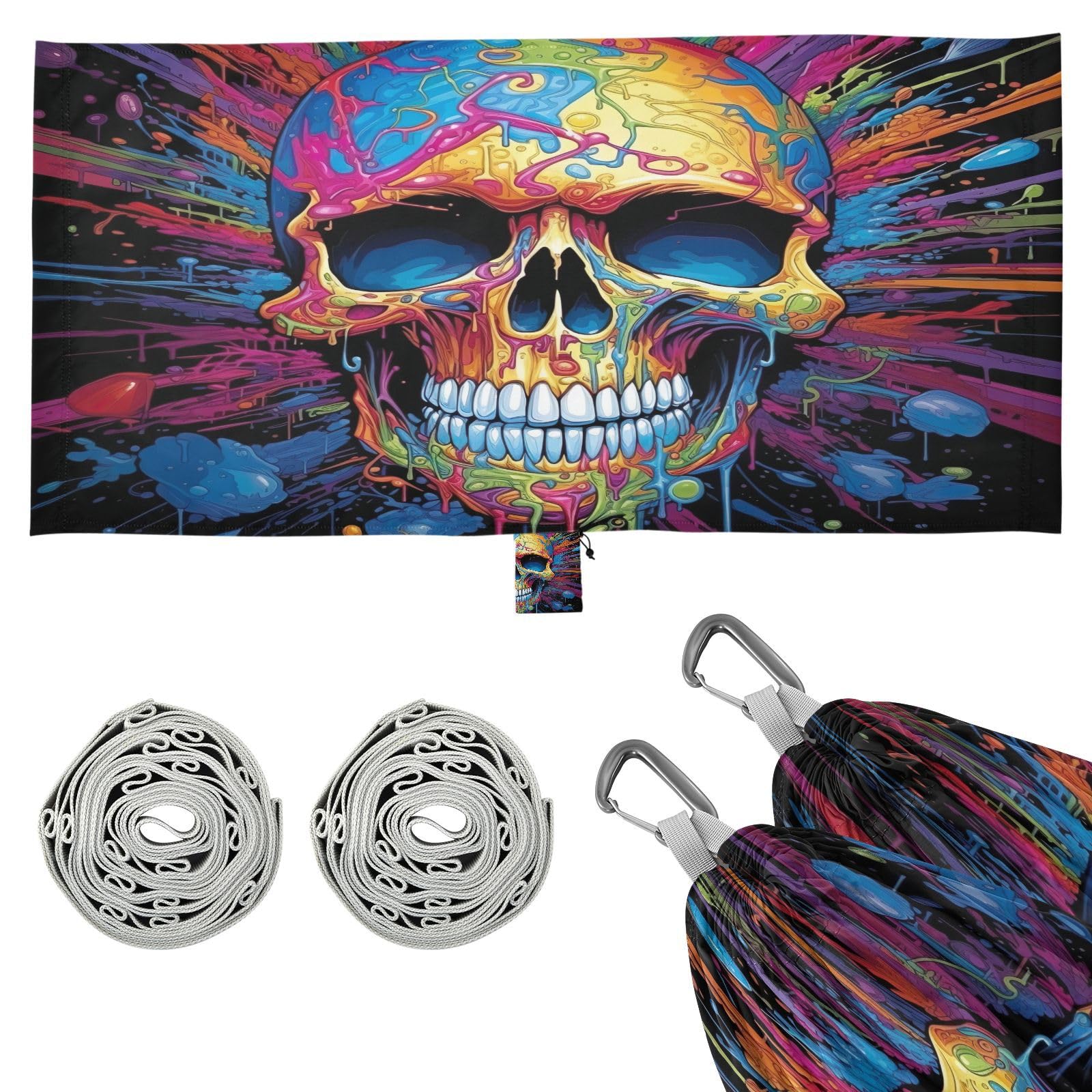 Haskirky Skull Camping Hammock, Single Portable Hammocks with Tree Straps & Attached Carry Bag, 330Lbs Capacity Perfect for Outside Indoor Hiking Beach Backpack Travel