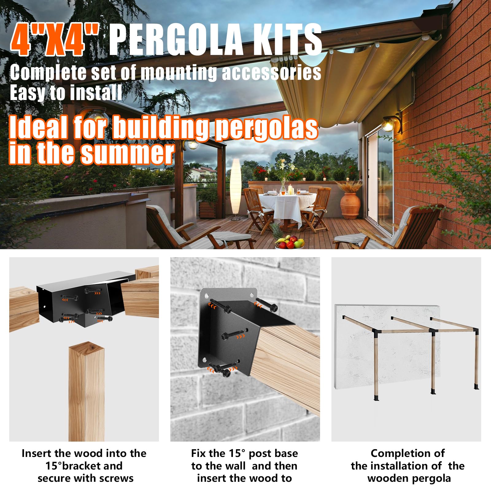 Kit di staffe per pergola a tetto inclinato a 15°, staffa angolare a 4 vie ad angolo retto con base per montaggio a parete per 4 x 4 (attuale: 8,9 x 8,9 cm) legname per pergolati, gazebo,