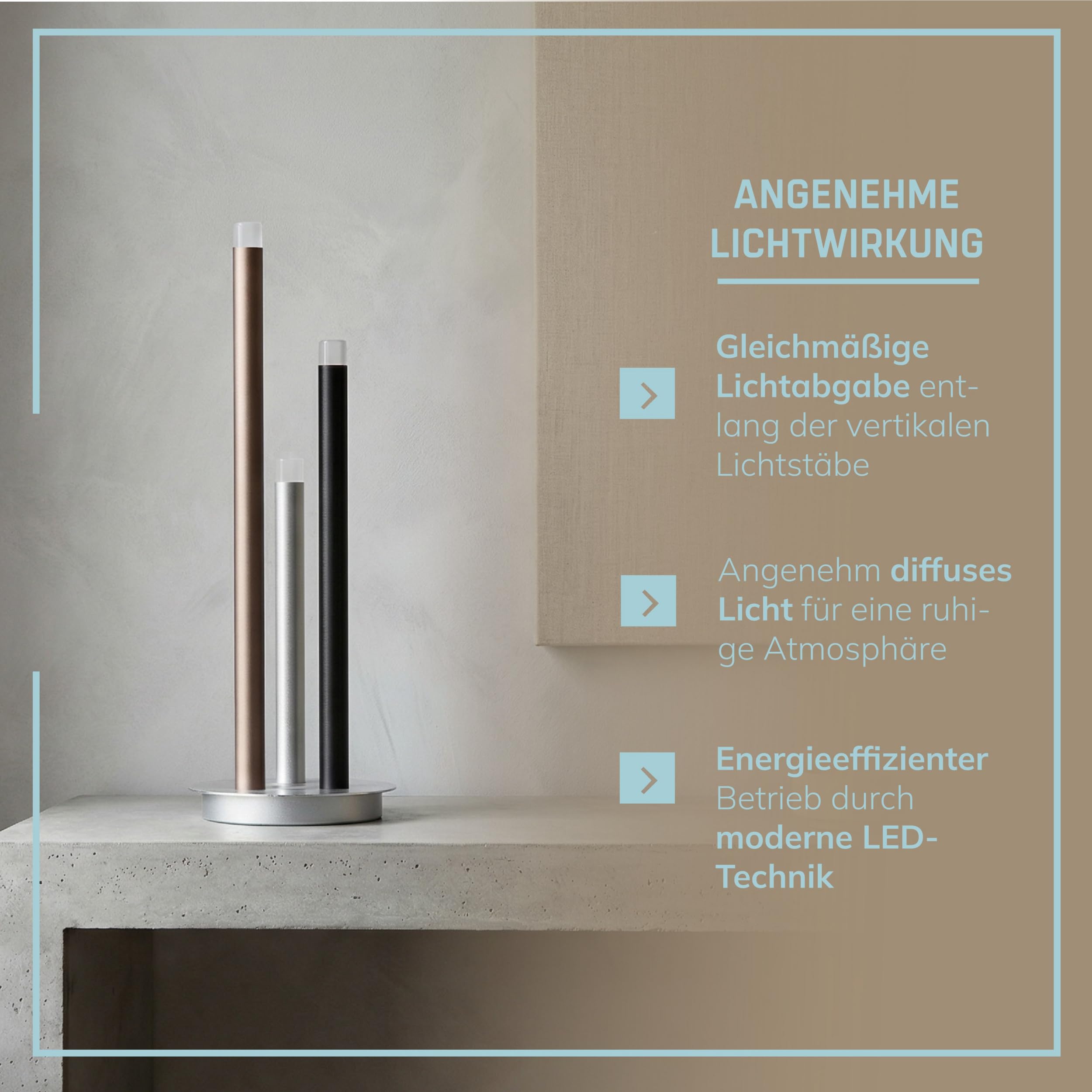 Lightbox LED Tischlampe - moderne Tischleuchte 3-flammig - 3-Stufen-dimmbar - Lampe für Wohnzimmer, Schlafzimmer & Fensterbank - inkl. LED