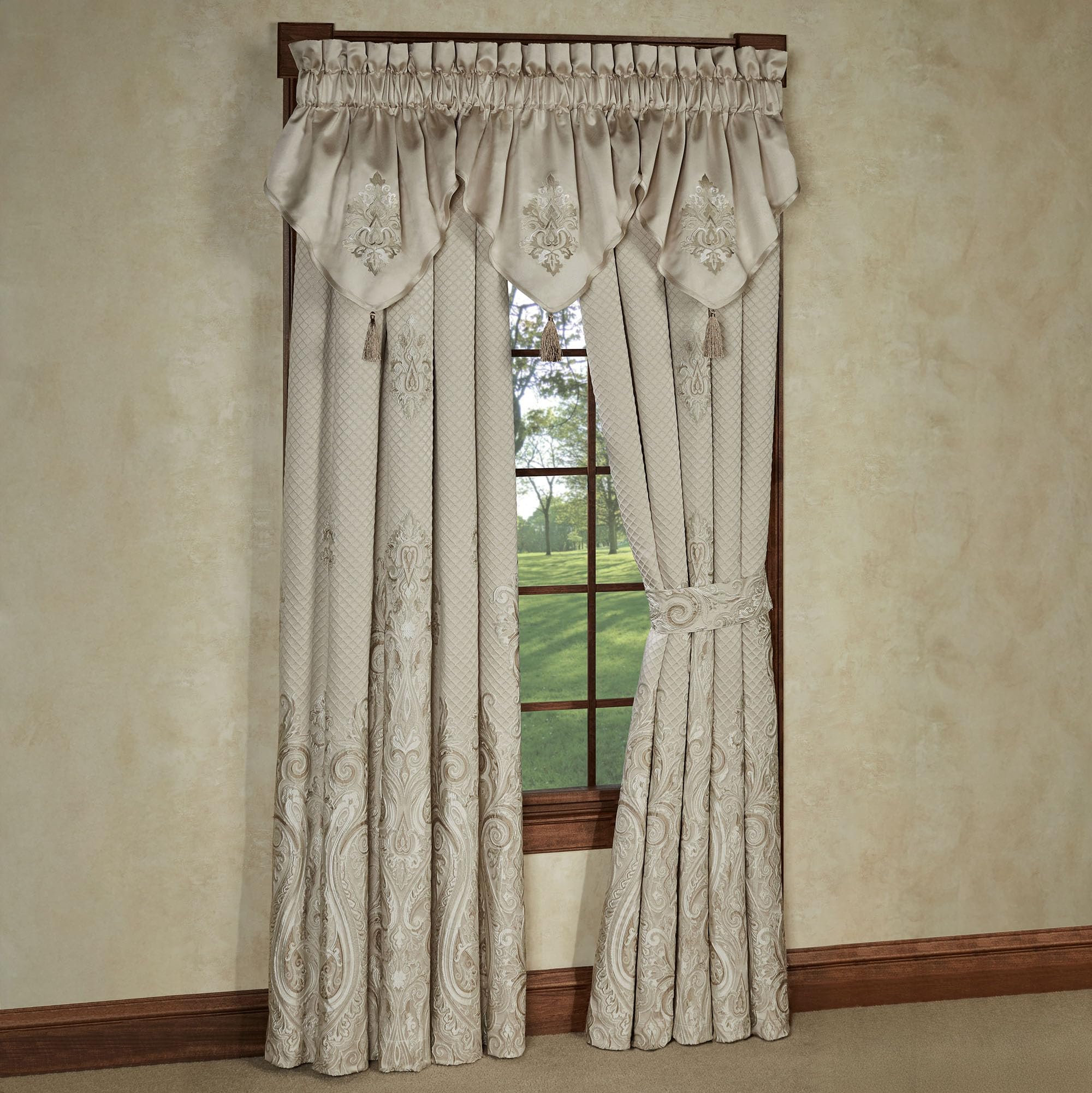 Lunata Elegant Luxury Window Treatments | Chic Neutral Color Palette | Fine Jacquard-Woven Scrollwork, Medallions, and Diamonds | Wide Drapery Set Includes 3 Tasseled Ascot Valances & 95L Curtain Pair