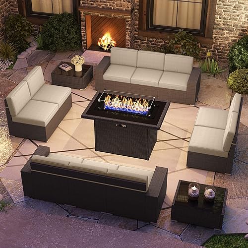 LayinSun 13 Pieces Outdoor Patio Furniture Set with 44" Fire Pit Table Brown Rattan Sectional Sofa Conversation Sets