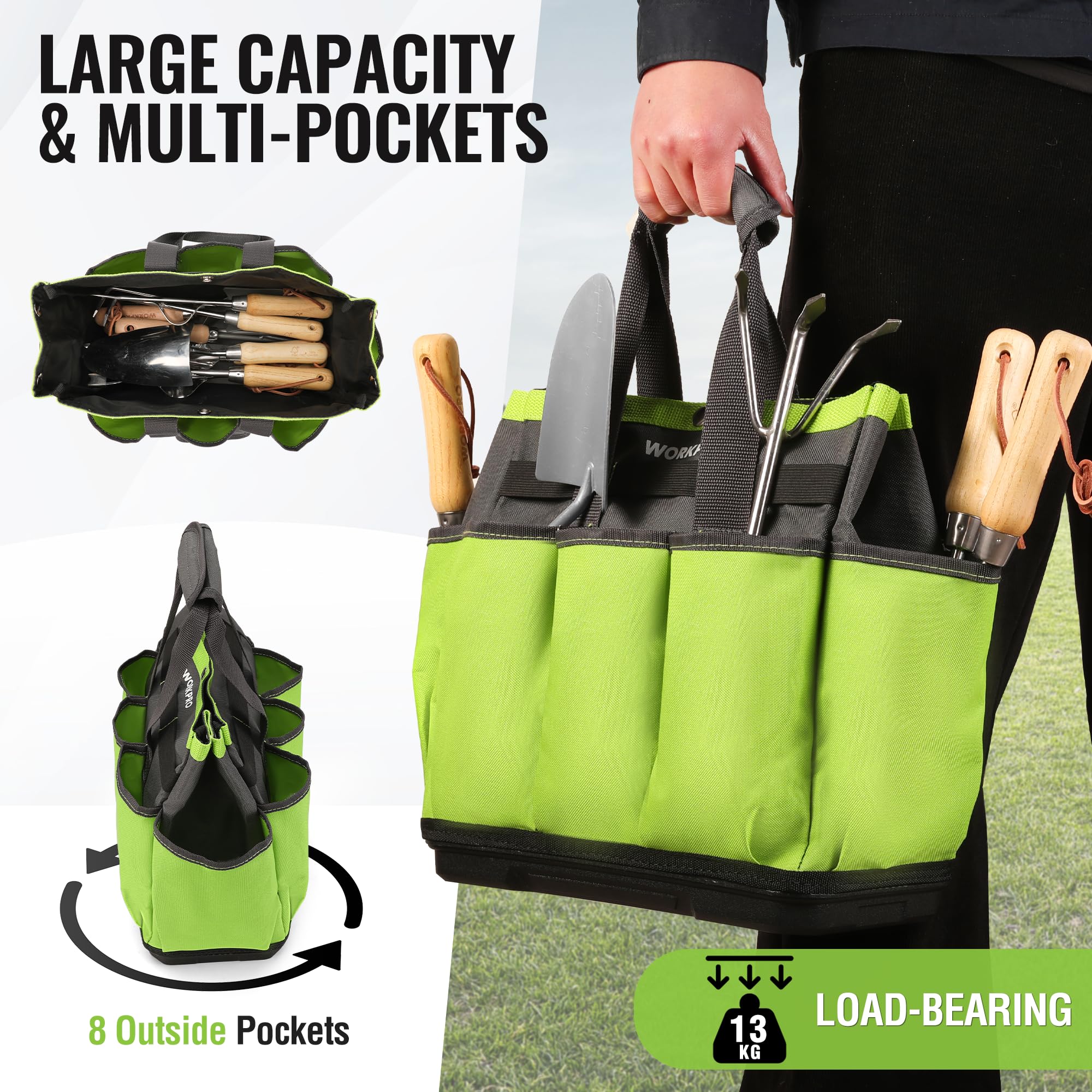 Bolsa de herramientas de jardín con base de plástico impermeable, bolsa de jardinería de 8 bolsillos, organizador de jardín Oxford resistente, soporte para kit de herramientas de jardinería 5