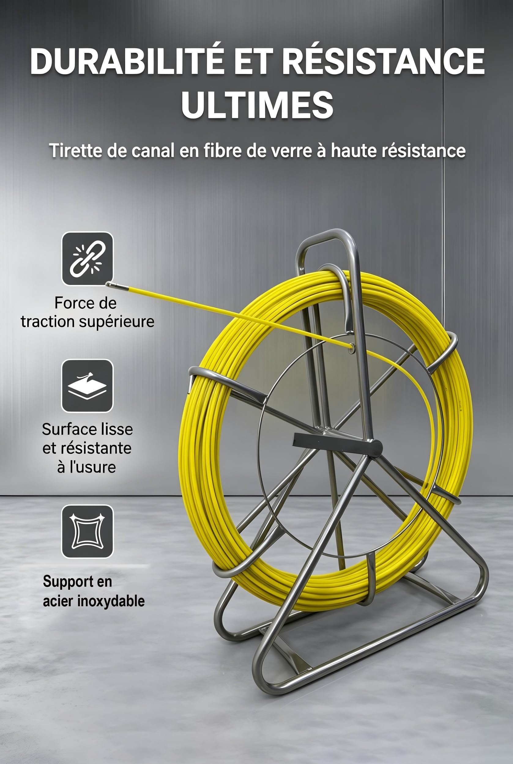 Ruban à Poisson Fibre de Verre 80M 6,35mm, Aiguille Électricien Tirage Câble, Extracteur avec Bobine Acier et Frein【80M】