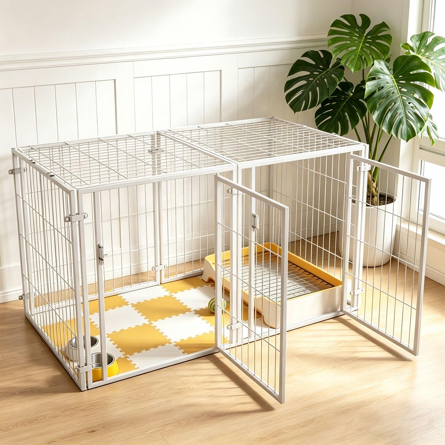 ペットサークル 犬 ゲージ ペットフェンス 犬 小型犬 中型犬 折りたたみ可能 サークルケージドア付き （2つのドア、120x60x60cm）栅 組立簡単 レイアウト自由 トイレトレーニング 脱走防止 自立 ケージ 犬用 金属製 ペット用品 DIY 室内外兼用 多頭飼い 安全柵 （屋根面付き）ホワイト