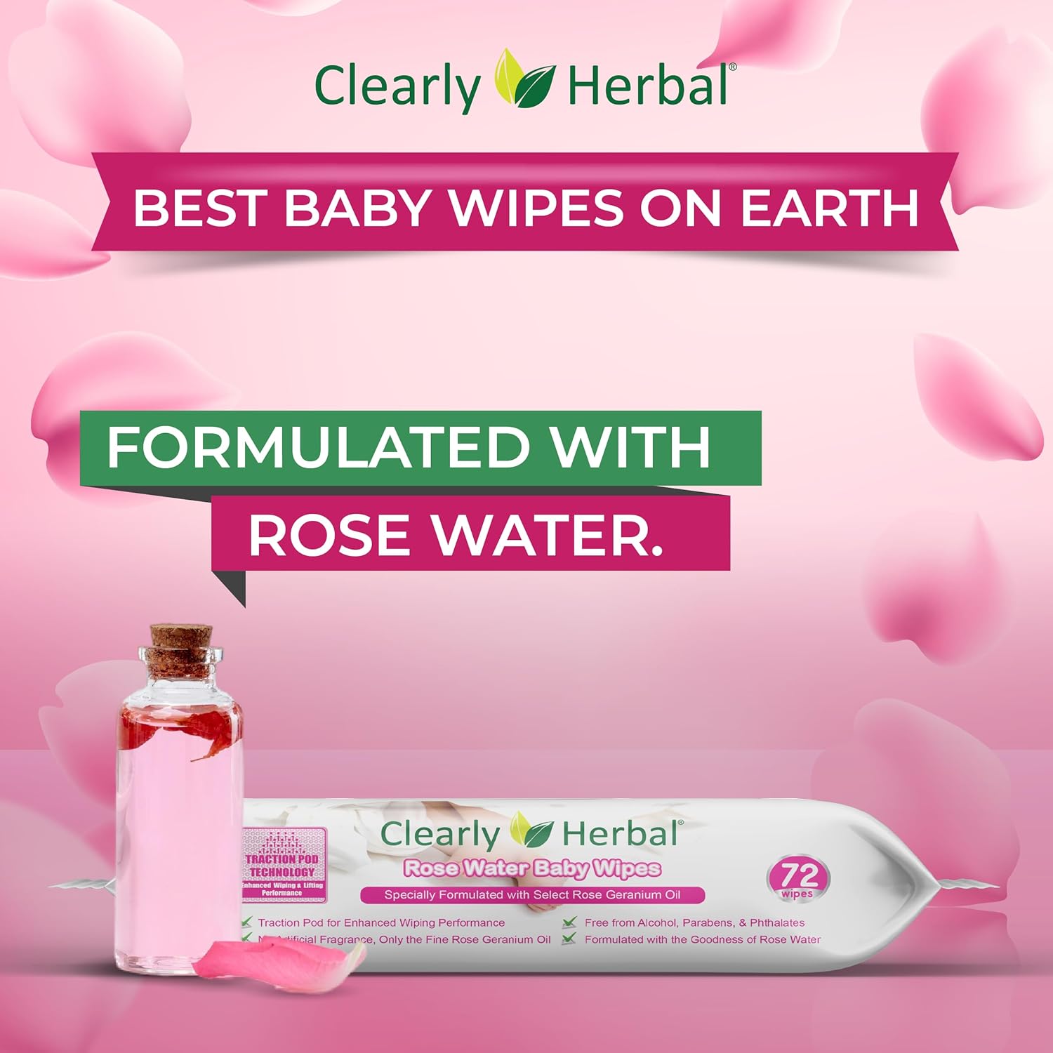Baby Wipes, Rose Water Formula, made with Essential Oils and Natural Herbal Extracts, Parent's Choice, Case Pack 864 Plant Based Wipes (12 Packs x 72 Count)