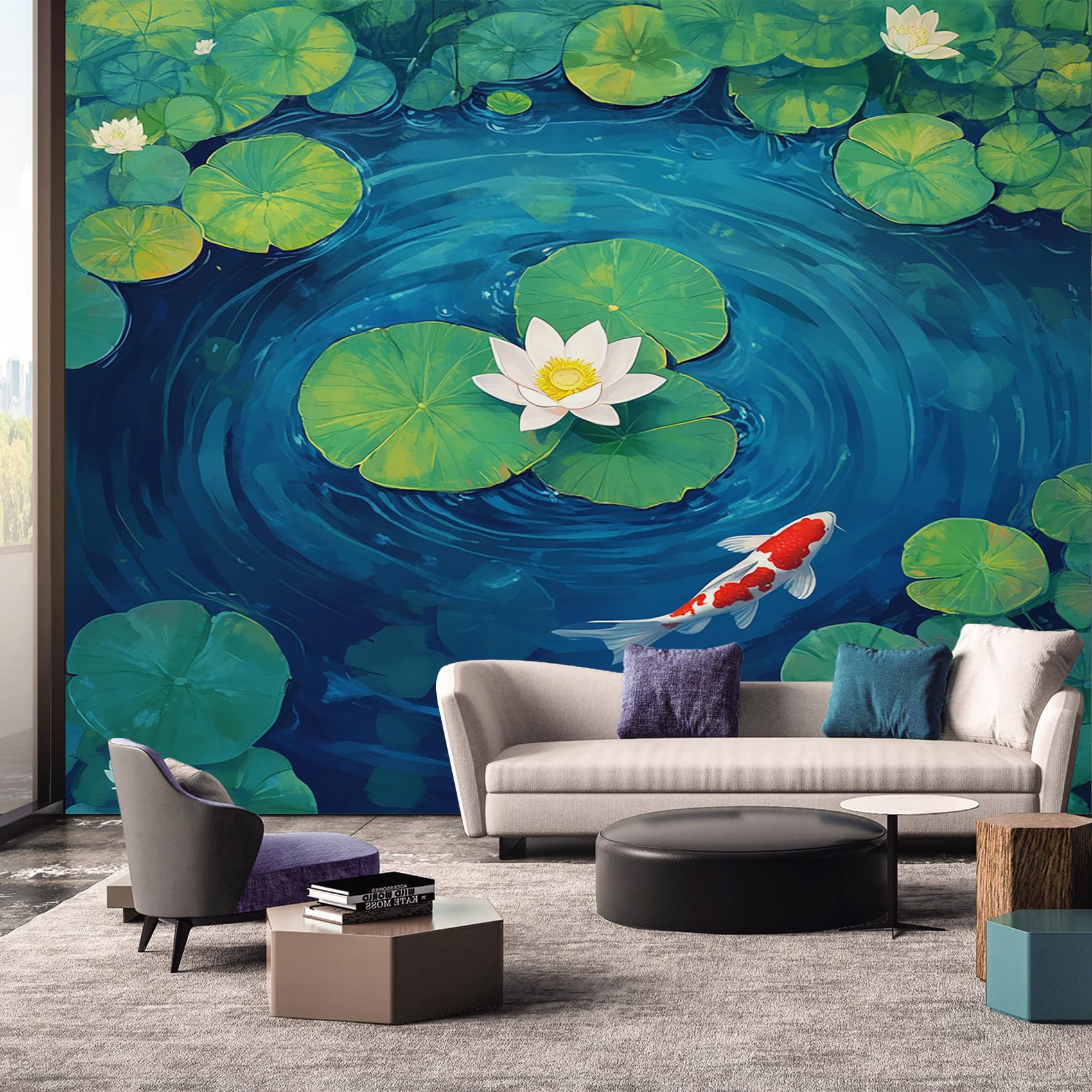 Japanese Wallpaper, Leaf Floral Fish Lake Wallpaper Murals, Japanese Room Decor Wall Art for Bedroom Kitchen Living Room 450L x 315W cm