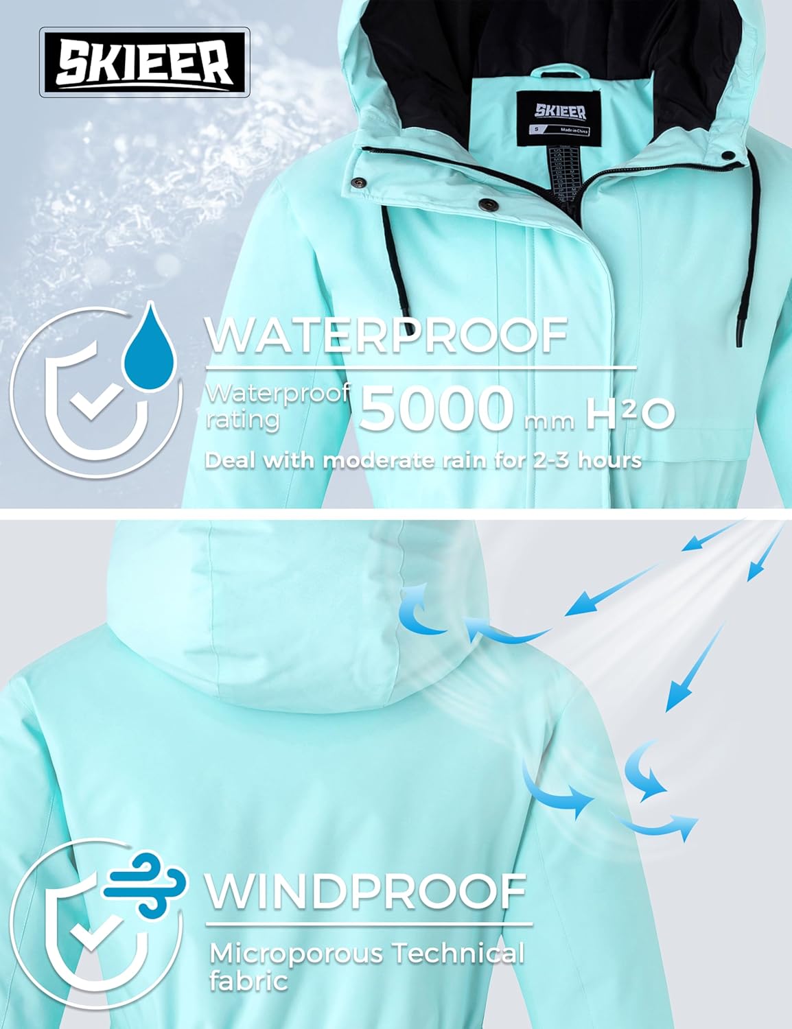 Skieer Women's Waterproof Ski Jacket Hooded Winter Puffer Jacket Warm Snow Coat - Image 6