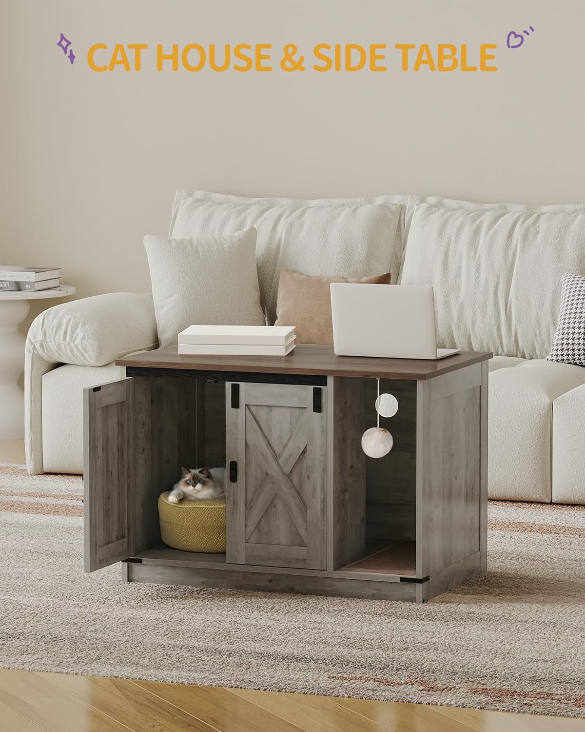 Cat Litter Box Enclosure, Hidden Litter Box Cabinet Furniture with Bell, Indoor Cat House, Farmhouse Style, 31.5 x 19.7 x 20.9Inches, for Hallway, Bedroom, Light Ivory and Brown CB82405X