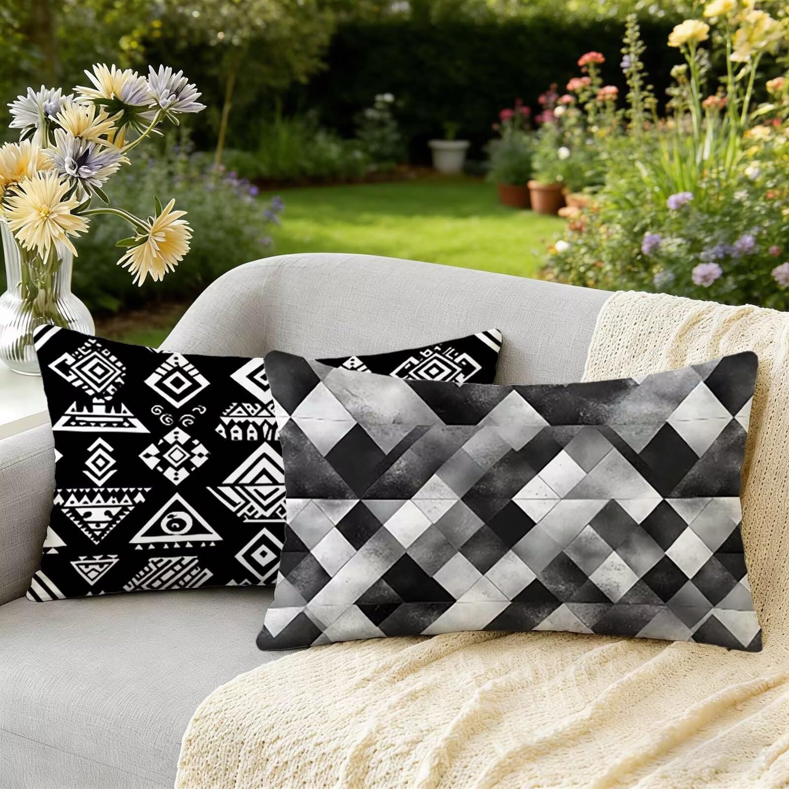 Housse coussin impermeable lin noir 25 x 45 pour sublimer votre decoration de terrasse