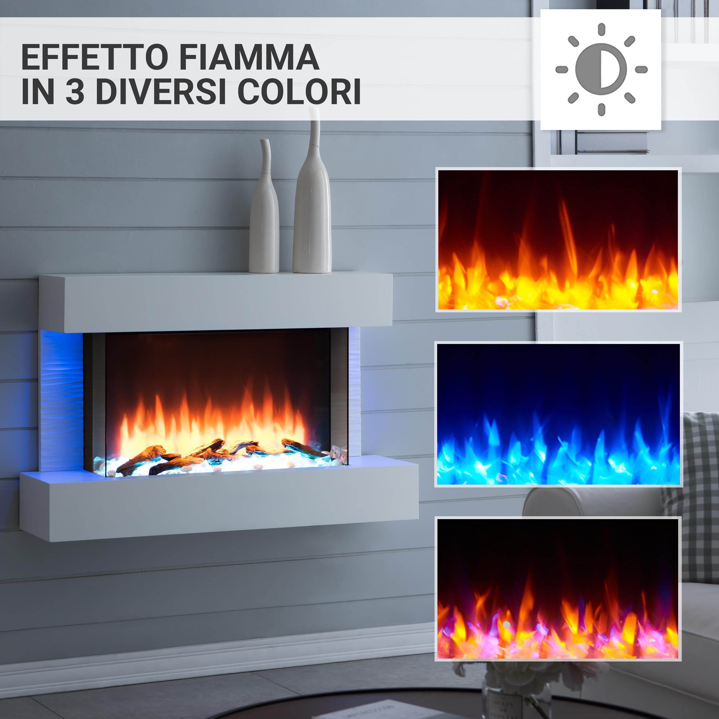 BALDERIA Camino elettrico Aidan, camino elettrico con effetto fiamma 3D, riscaldamento elettrico 2000 W, illuminazione a LED, camino con telecomando, timer, controllo di avviamento e termostato