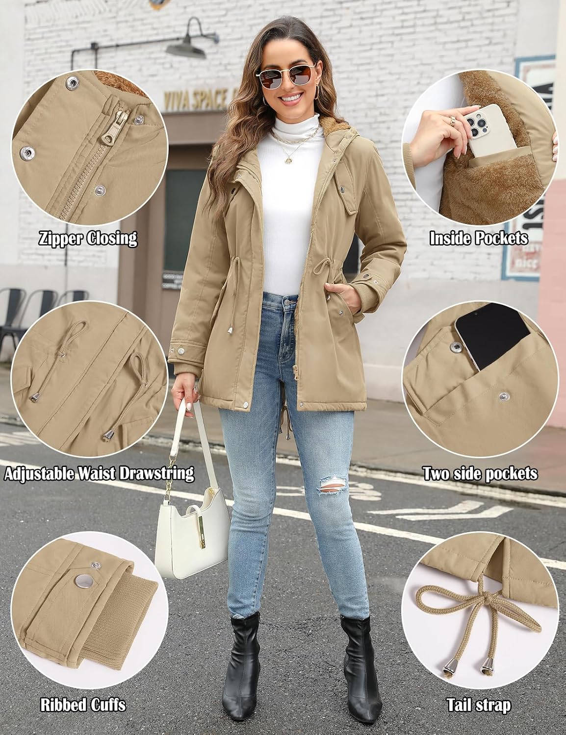 Women's Winter Fleece Thicken Coat Hooded Warm Jacket with Pockets