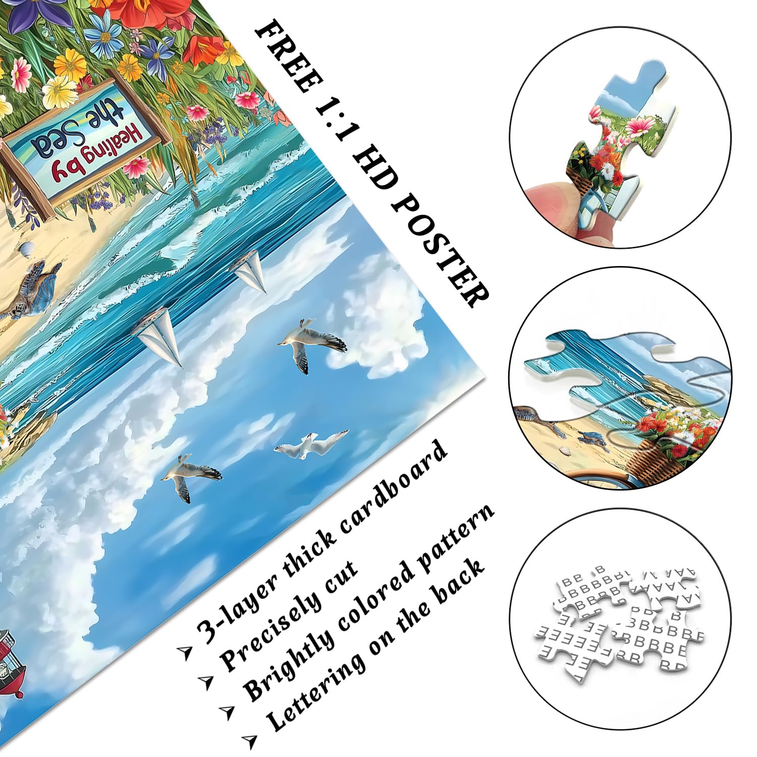 PICKFORU Beach Puzzles for Adults 1000 Pieces, Coastal Lighthouse Puzzle with Flowers Bike Sea Turtle, Nature Summer Ocean Jigsaw Puzzles, Seaside Scenery Challenge for Adults - Image 4