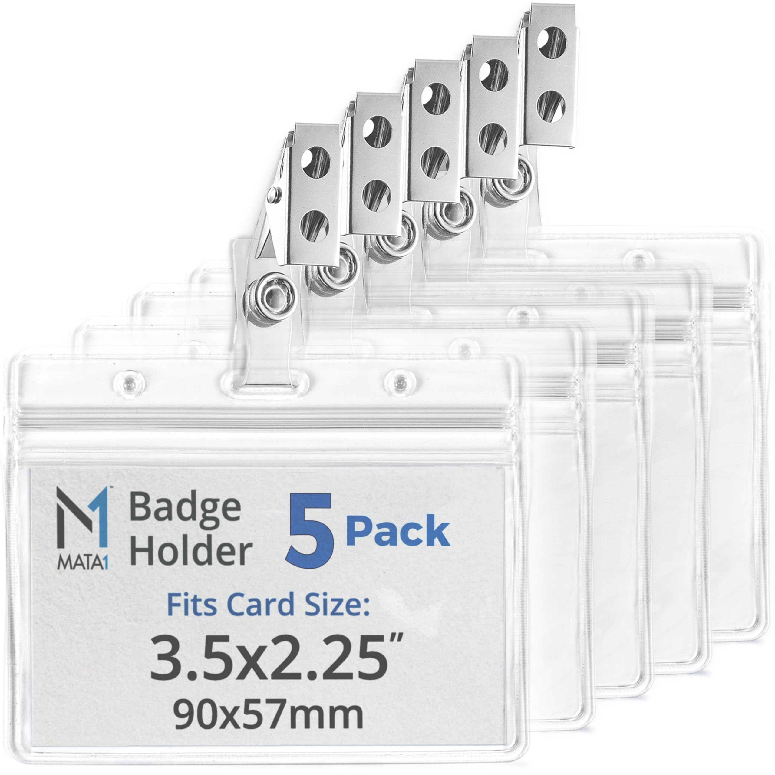 Mata1 PVC ID Card Holder with Clip and Vinyl Straps, Waterproof Plastic Badges with Clips, Horizontal Name Tag and Metal Clip (Clear, 3.5x2.25 Inch, 5