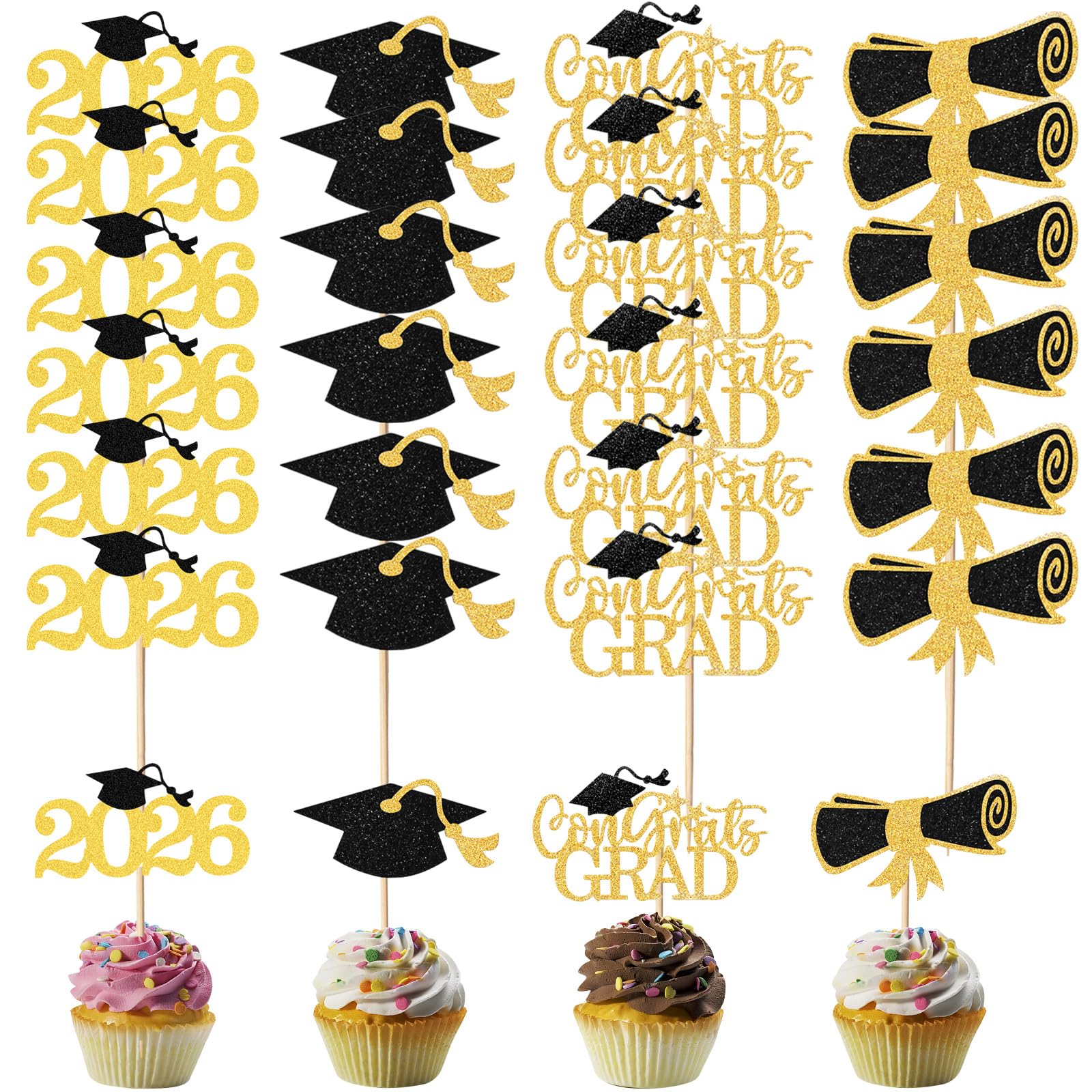 24Pcs Graduation Cupcake Toppers 2026, Graduation Party Decorations 4 Styles Cake Decorations of 2026, Cake Topper Class with Grad Cap Diploma Congrats Grad Sign