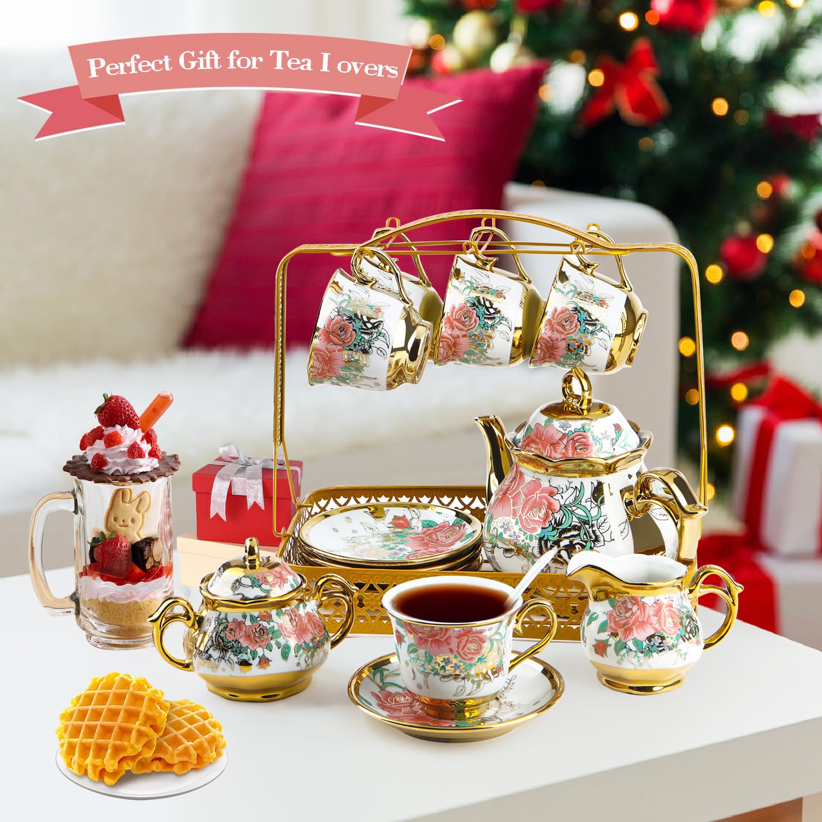 22-częściowy porcelanowy zestaw do herbaty z metalowym uchwytem, europejski ceramiczny zestaw do herbaty dla dorosłych 6, piękne zestawy filiżanek do herbaty do domu i na imprezę